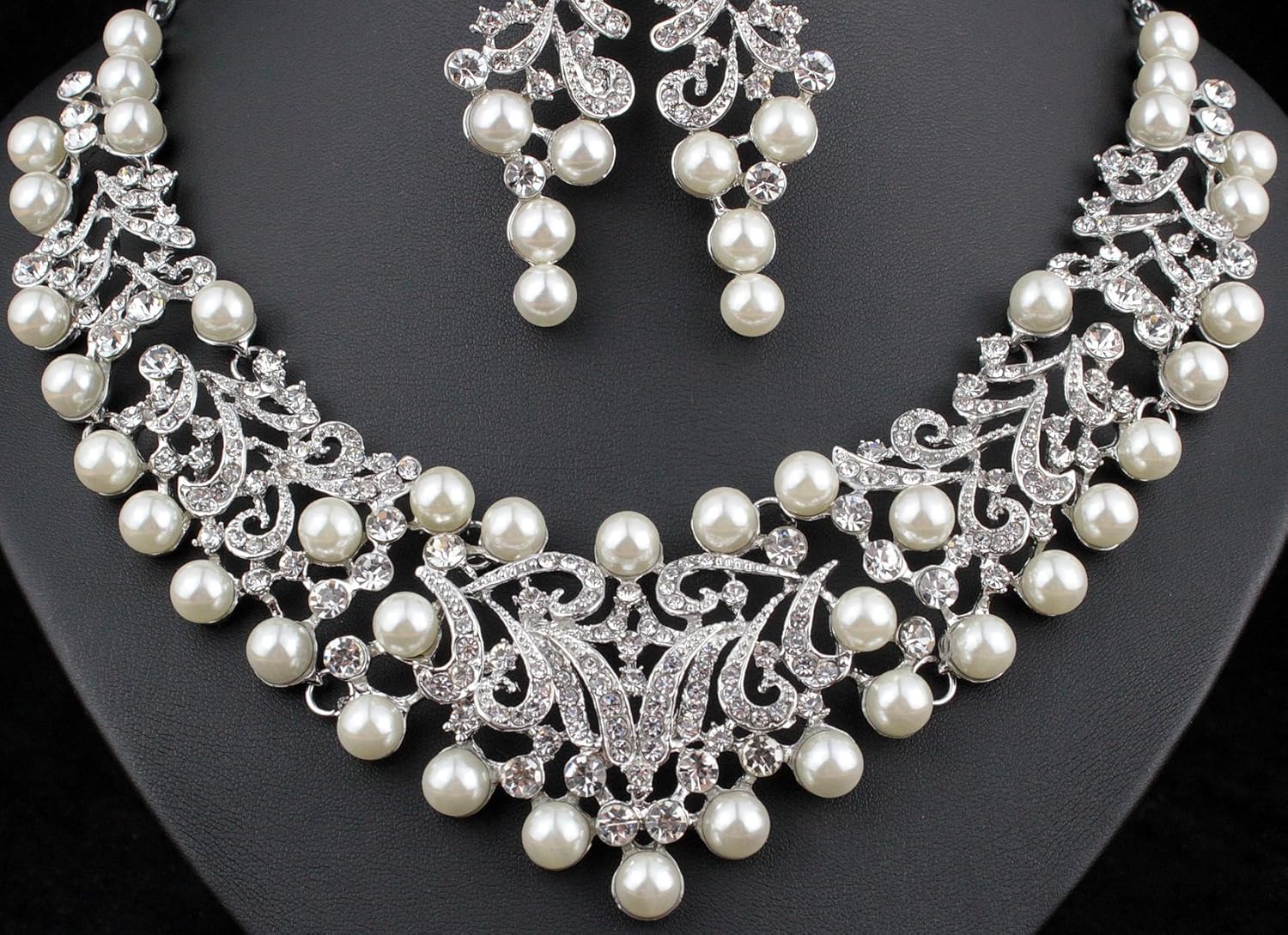 Vine Silver Gold Faux Pearl White Austrian Rhinestone Bib Statement Necklace Collar Choker Earrings Jewelry Set Bridal Wedding Prom Pageant Party N922