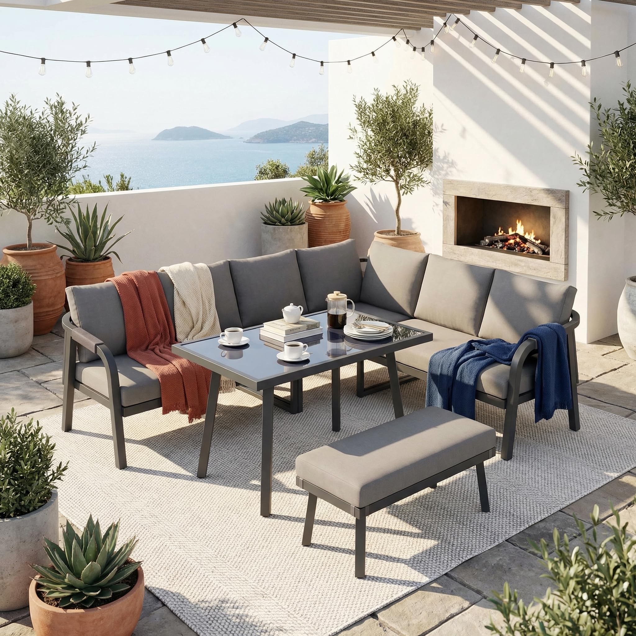 Zestaw mebli ogrodowych, zestaw mebli balkonowych, sofa narożna, zestaw do jadalni ze stołem i ławką dla 8 osób, odporne na warunki atmosferyczne, zestaw mebli outdoorowych z podłokietnikami z