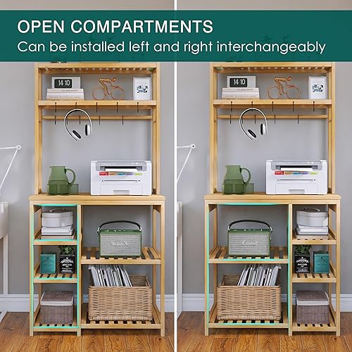 Miniatura 8 de SMIBUY Estante de cocina para panadero, soporte de microondas de bambú de 6 niveles con estantes de almacenamiento, estación de mesa de barra de