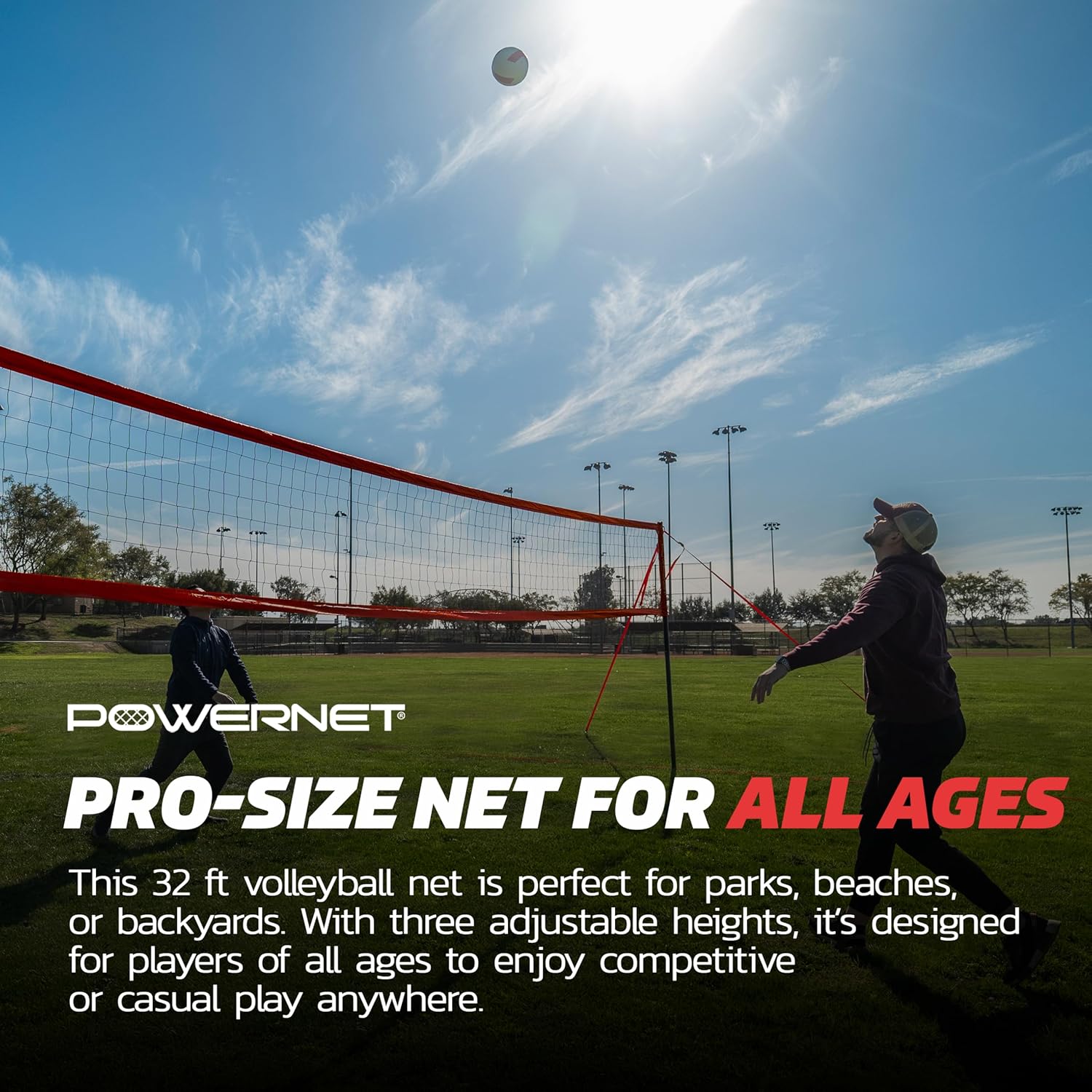 PowerNet Pro Volleyball Net, 32 Ft Wide Regulation Size, Adjustable Height Portable Net for Backyard, Beach & Park, Volleyball Training Equipment, Includes Carry Bag