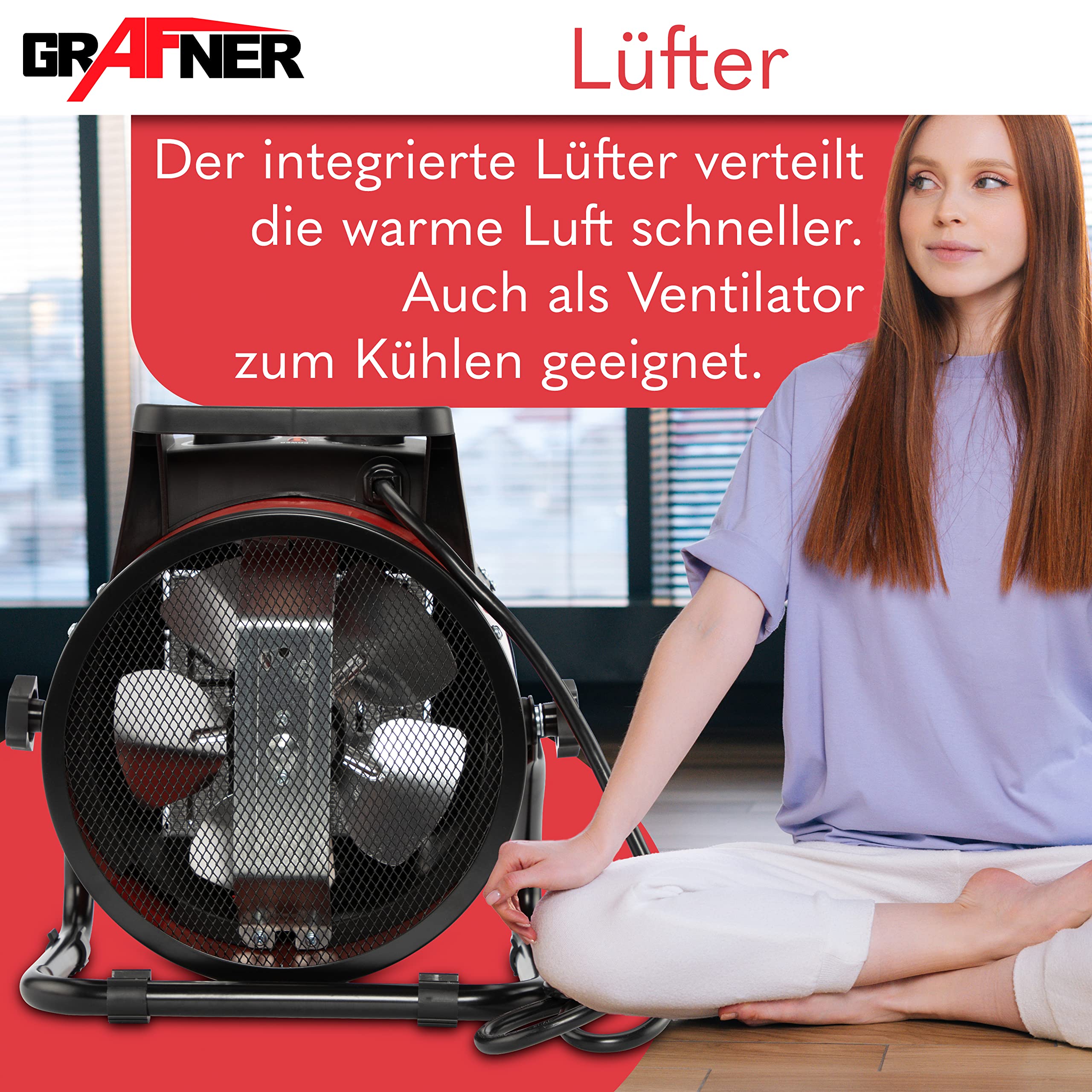 Grafner Keramik Heizlüfter mit 3000 Watt 3KW, 3 Heizstufen, automatischer Thermostat, kraftvoller Turbo Heizer, PTC-Element, Überhitzungsschutz, Bauheizer elektrisch, Elektroheizung, Zeltheizung