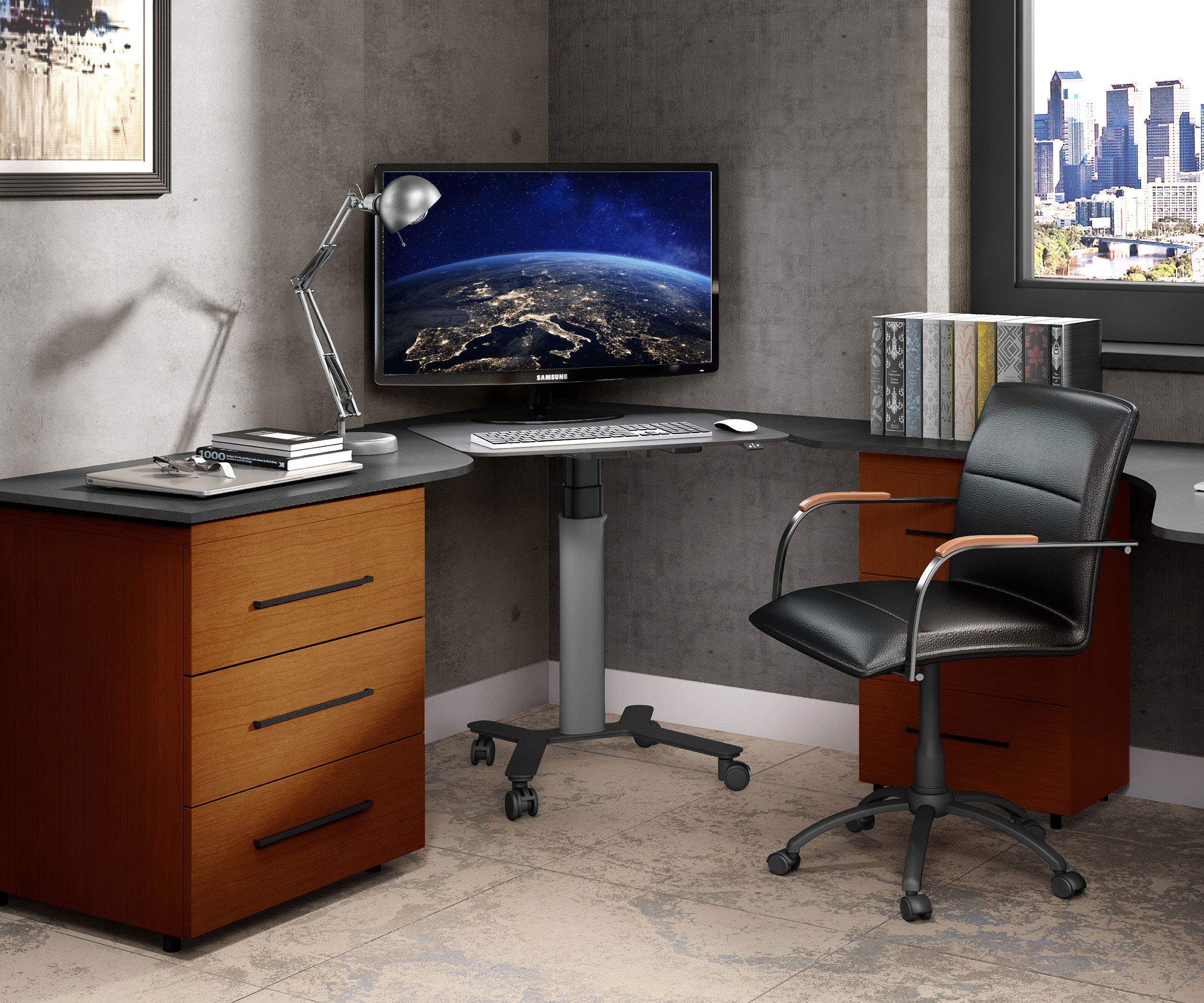 ESMART EAX-131 BG 90 x 60 cm Hellgrau Ergonomischer Steh-Sitz-Pult-Schreibtisch Stufenlos elektrisch höhenverstellbar 65-130 cm mobiles Stehpult rollbar