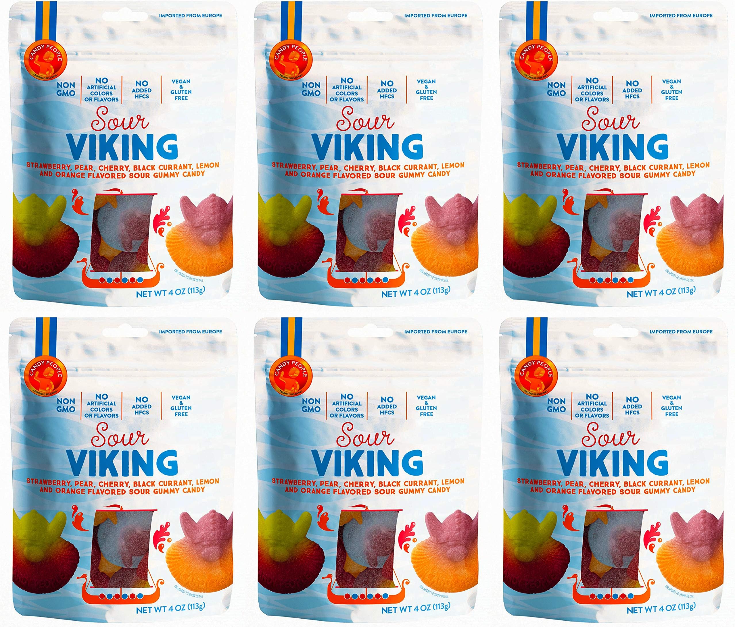 Candy People Sour Viking Swedish Gummy Candy Non-GMO Vegan Fruit Flavored Sour Gummies (6 Pack)