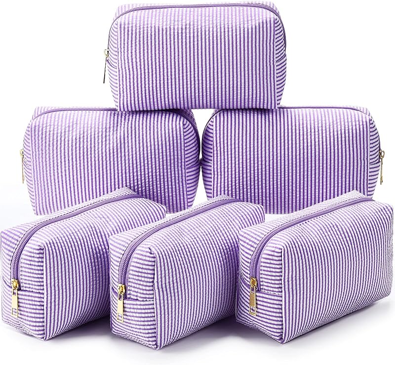 Sanwuta Necessaires de maquiagem em tecido seersucker listrado roxo, pacote com 6