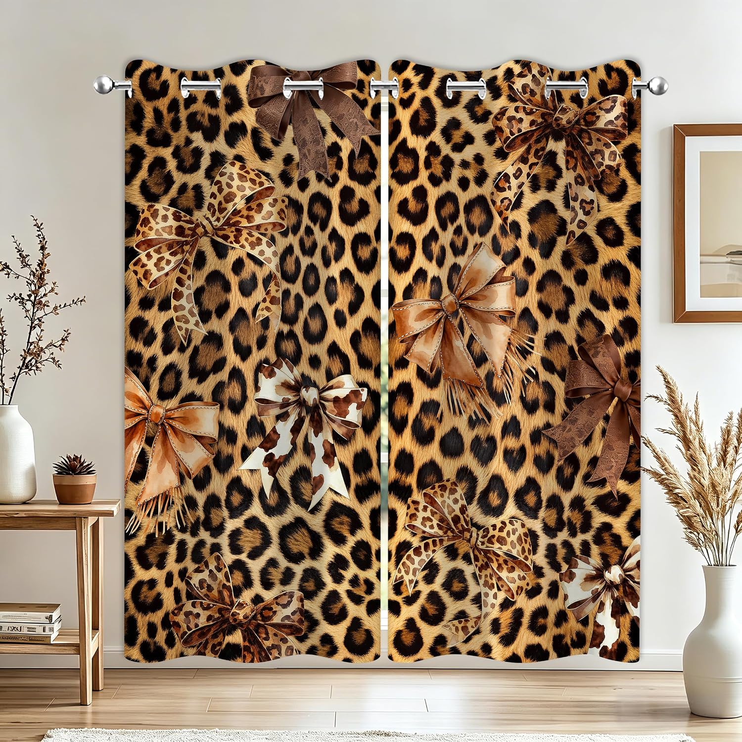Bow Leopard Print Curtains Brown Blackout Curtain for Girls Bedroom Fashion Pretty Girly Modern Living Room Grommet Window Treatment Drapes 42 Wide 84 Long Inches 2 Panel Set