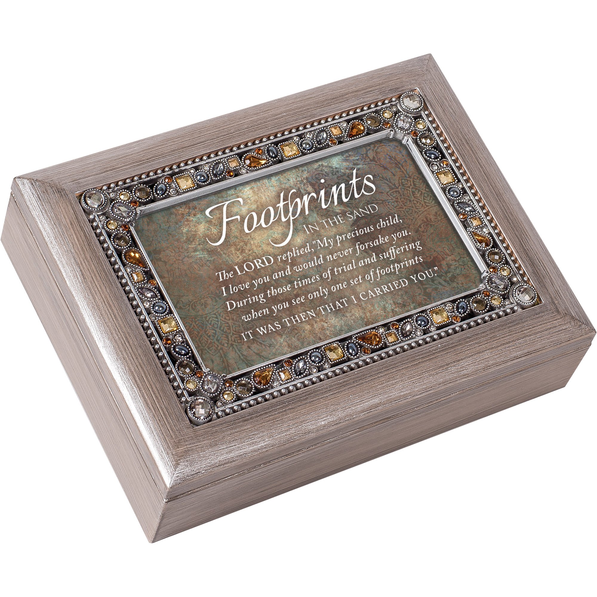 Footprints In Sand Carried You Pewter Jewel Beaded Music Box Plays Amazing Grace