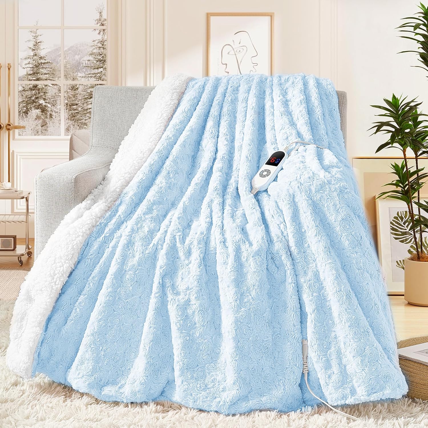 MAXEVE Heated Blanket Electric Throw 50"x60" Faux Rabbit Fur Blankets with 6 Heating Sets & 12 Hours Auto Off, Warm Gifts for Grandma Wife, ETL Certification