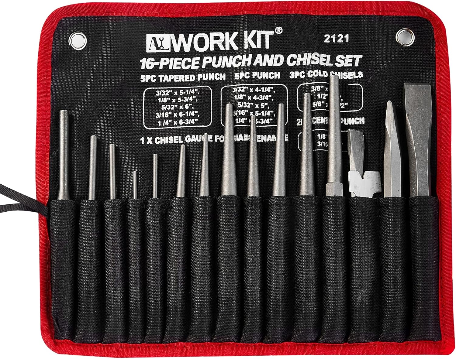 Punch & Chisel Set 16-Piece with Storage Bag, Taper, Cold Chisels, Pin, Center included, Made of Premium Chrome Vanadium Steel