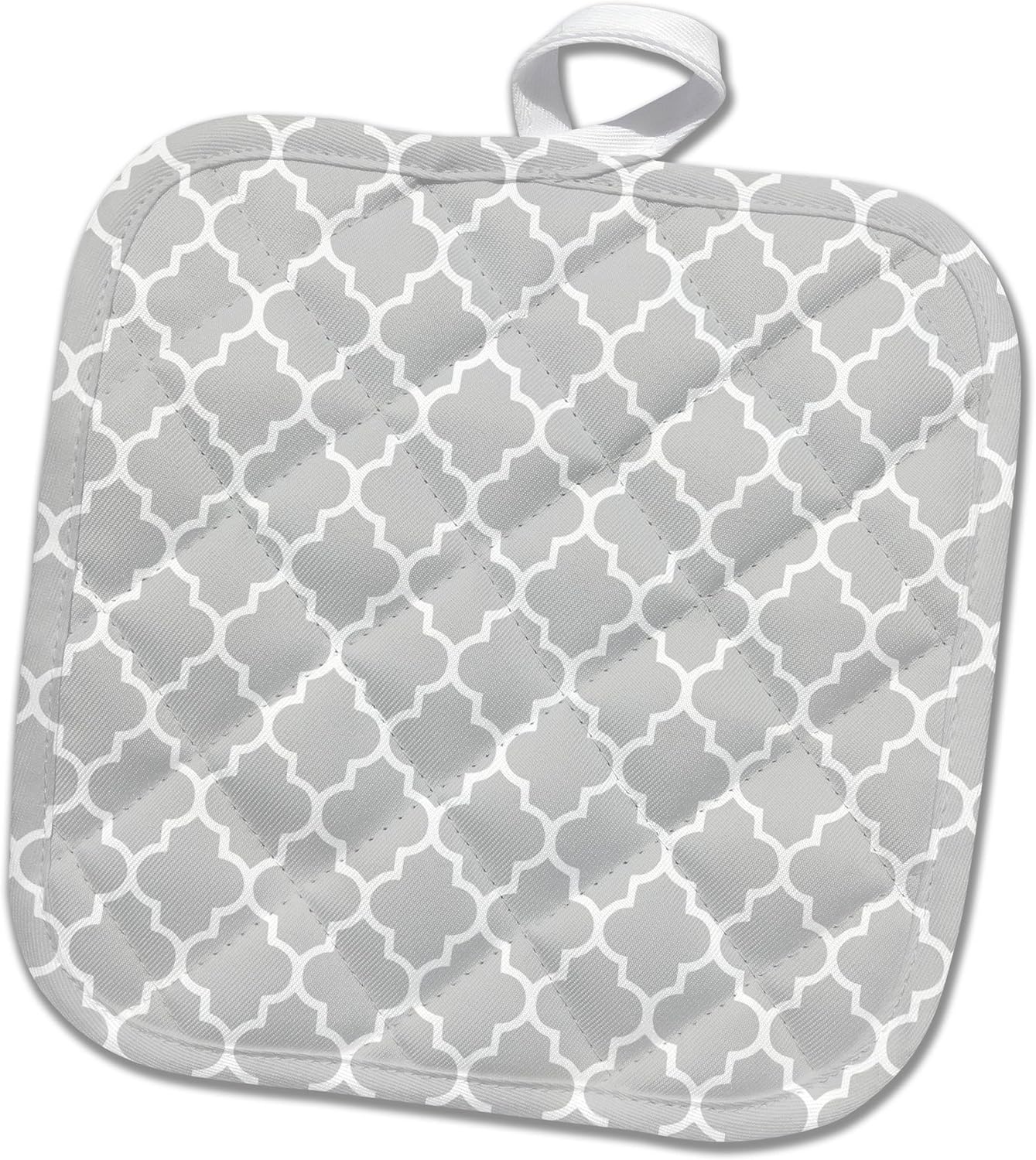 3D Rose Light Gray Quatrefoil Pattern-Grey Moroccan Tile Style-Modern Silver Geometric Clover Lattice Pot Holder, 8 x 8, Multiple Color