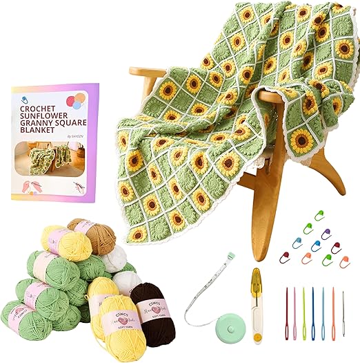 CSWCS Crochet Blanket Kit for Beginners, Sunflower Granny Square Crochet Blanket Kit for Adults, Easy Learn How to Knitting with Yarn Accessories Book & Video Tutorials for Starter (47" x 39")