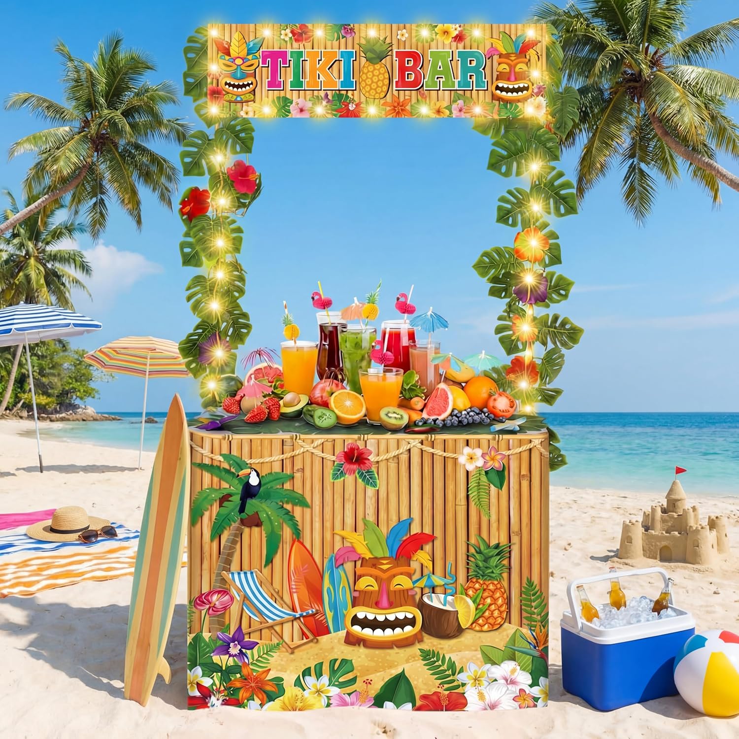 Haull 95PCS Tiki Bar Hut Kit LED Luau Hawaiian Party Decorations with Portable Table Tiki Bar Banner Table Skirts Tropical Garlands Flowers Straws and LED Lights for Summer Pool Beach Parties(Bamboo)