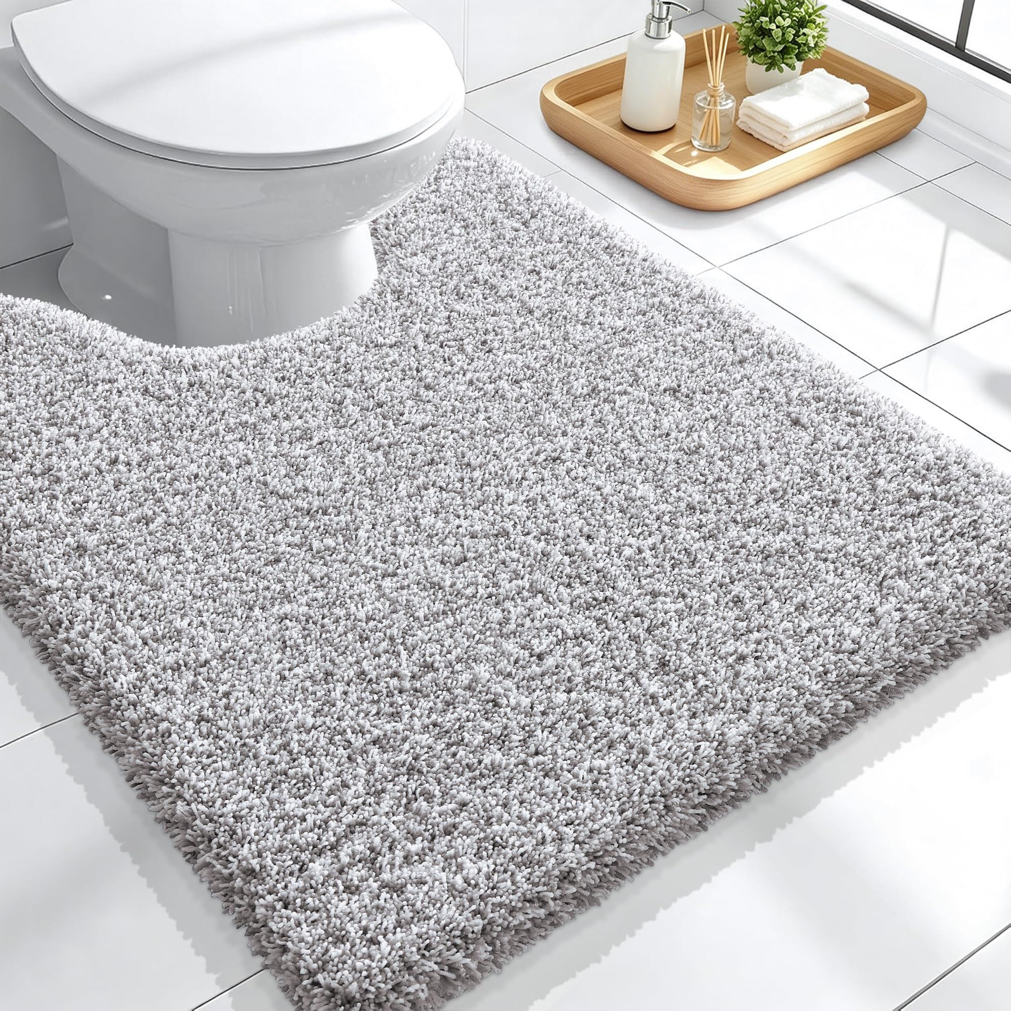 OLANLY Microfiber Bathroom Rugs U-Shaped Mats 24x20, Light Grey and White