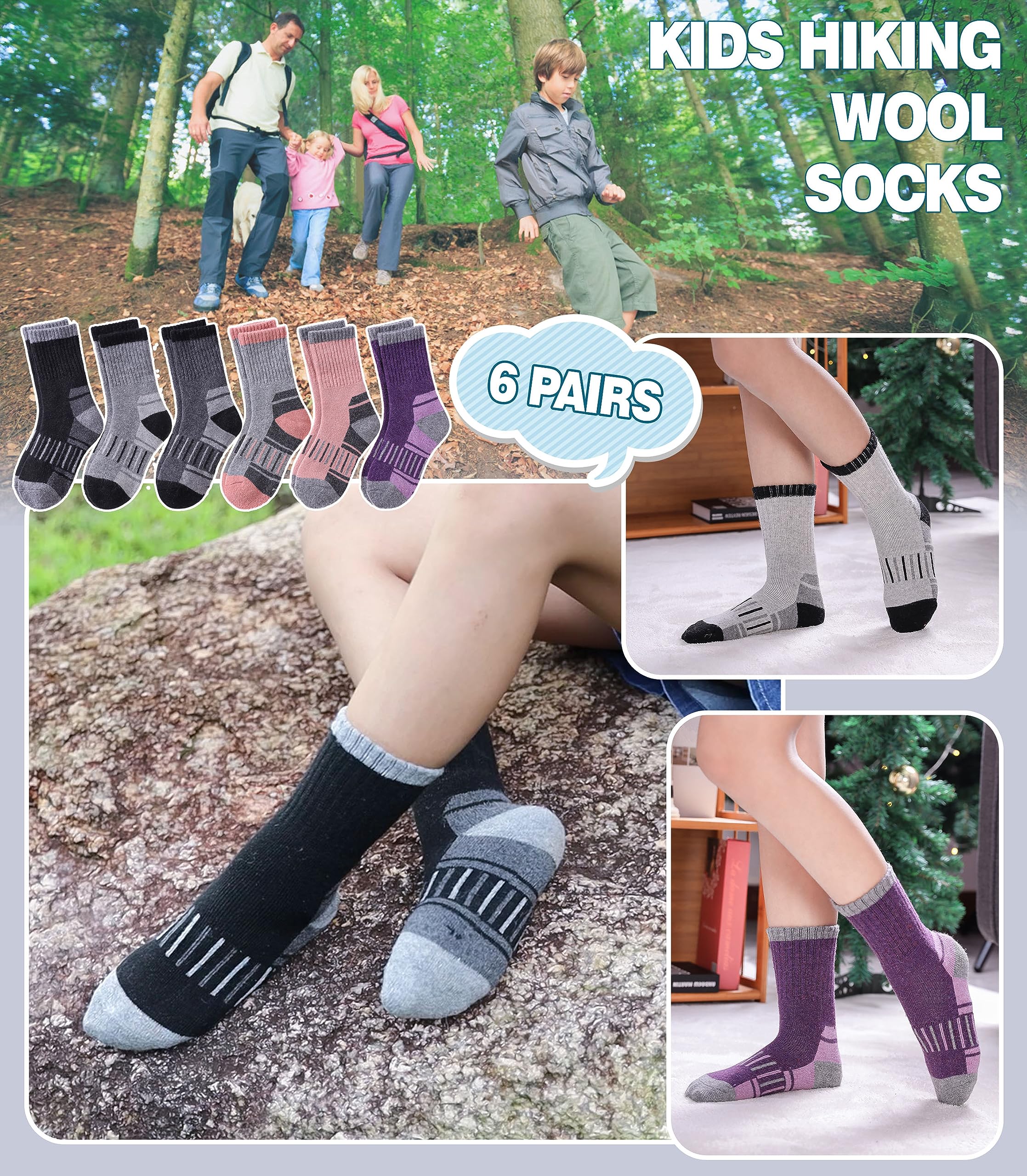 Calcetines de senderismo de lana merino para niños y niñas, calcetines cálidos de invierno con almohadilla térmica gruesa, regalo de 6 pares