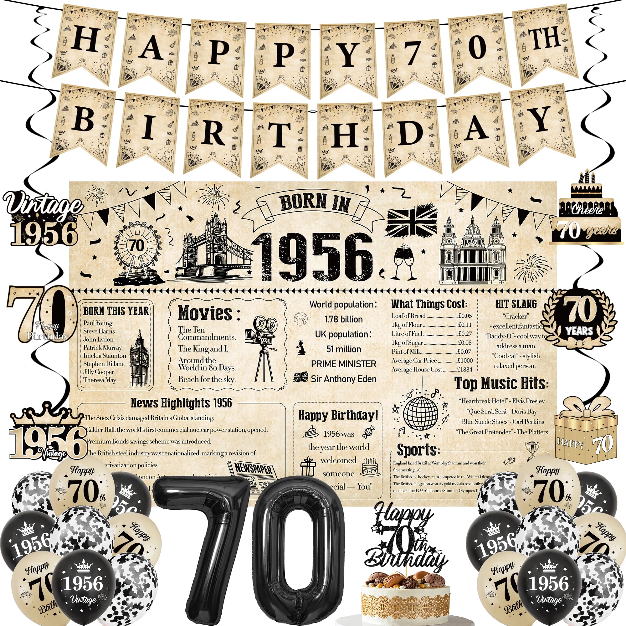 70th Birthday Decorations Men Women - 30 Pcs Born In 1956 UK Vintage Happy 70 Years Old Birthday Backdrop, Banner, Number 70 Balloons and Hanging Swirls for 70th Party Supplies