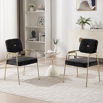HENGJIANYI Accent Chair Dining Chair Set of 2, Chenille Upholstered Armchair Reading Side Chair, Comfy Living Room Chair with Gold Metal Legs for Bedroom Waiting Room, Black