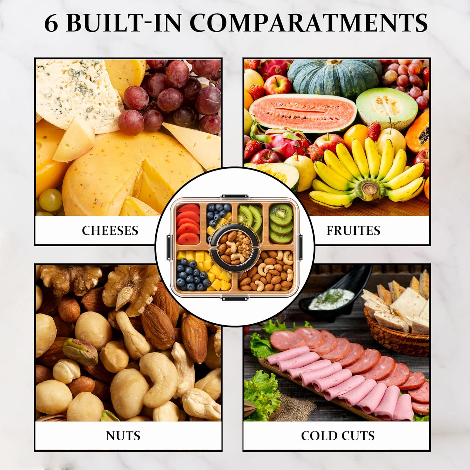 Charcuterie Board with Clear Lid and Handle, 6-Compartment Portable Serving Tray, 11 x 14 Inches, Plastic and Bamboo, Housewarming Gift, Cutting Board, Cheese Board for Serving and Outdoor Dining