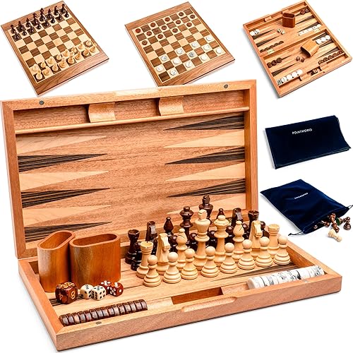 Juego de backgammon de damas de ajedrez de 17 pulgadas para adultos, combo de juego de ajedrez de madera, tablero plegable portátil de dos caras