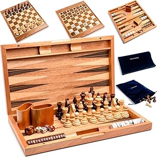 17 Inch Chess Checkers Backgammon Set for adults, Wooden chess set combo, portable folding two sided board multi game design, maple walnut inlay with large weighted pieces, acrylic checkers