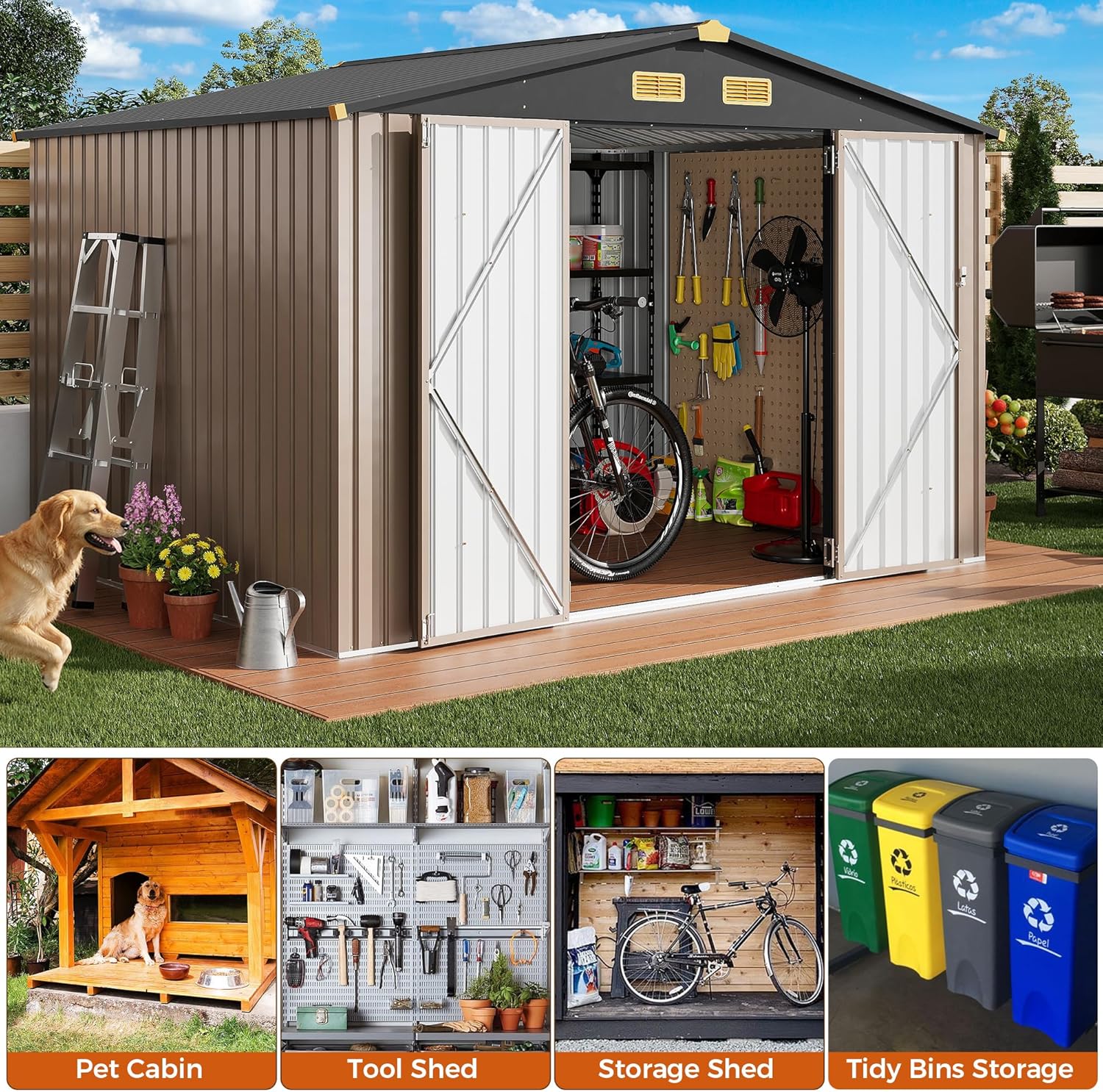 IRONCK 10x8FT Outdoor Storage Shed with Breathable Vent, Galvanized Steel Metal Tool Shed with Lockable Doors for Yard Bins/Generator/Wheelbarrow Garden Storage, Brown