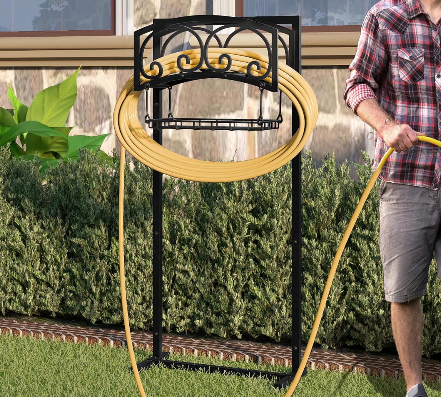 Freestanding Garden Hose Holder - Heavy Duty Metal Stand for 150ft Hose - Outdoor Organizer and Storage Rack