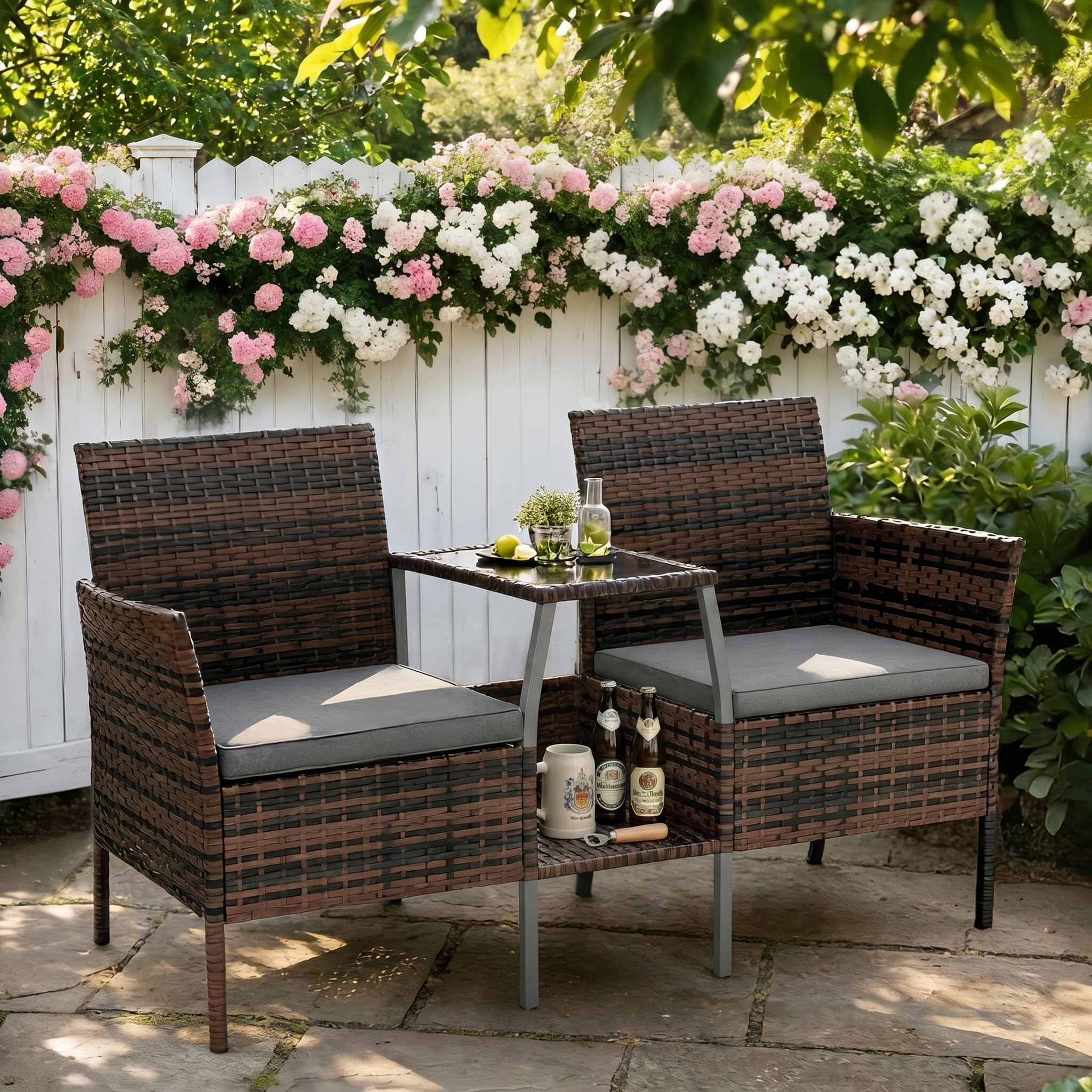 Amopatio Polyrattan Gartenbank, Outdoor Sitzbank mit Tisch & Ablage, Gartenmöbel Rattan Gartensofa, Wetterfest & UV-beständig Balkonbank Sitzgruppe für Garten, Balkon, Braun