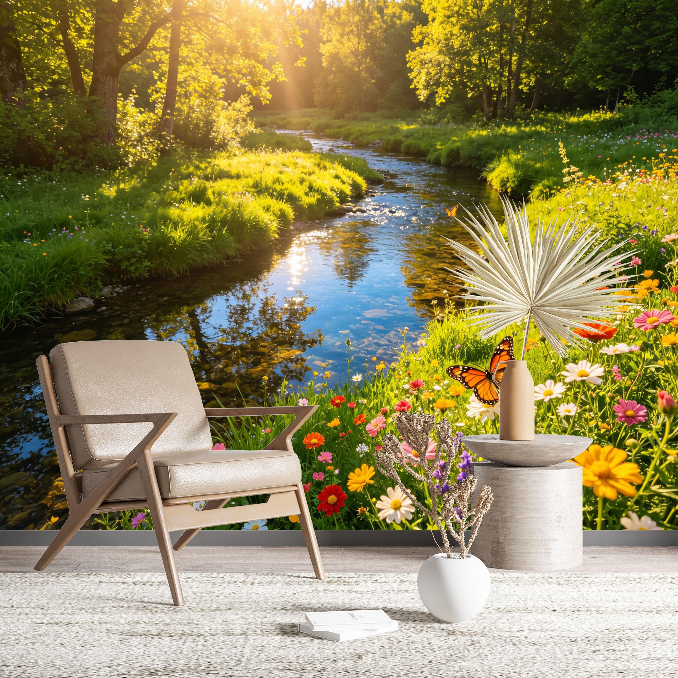 Custom Size Wall Murals Sunny Forest Stream with Wildflowers HD Self-Adhesive Wall Fabric (NO PVC) Removable Wallpaper for Living Room Bedroom