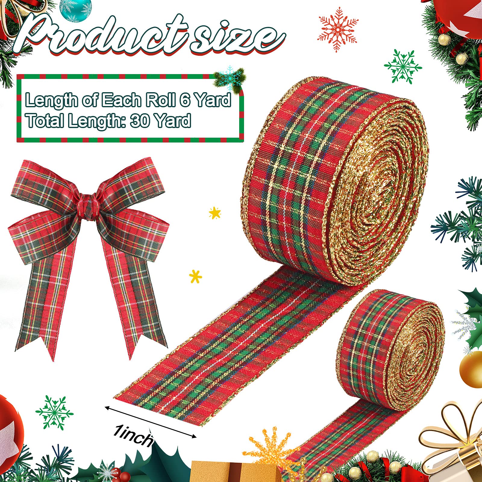 Tatuo 5 Rolls 30 Yards Christmas Red Plaid Ribbon Gingham Check Wired Edge Wrapping Ribbon Tartan Decor for Christmas DIY Crafts Present Wrapping Gift Home Decorations Bows(1 Inch Wide)