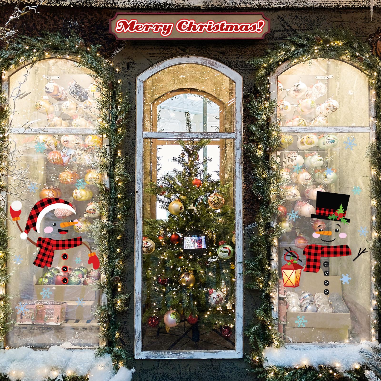 2 Blatt Weihnachten Tür Dekorationen Weihnachten Tür Aufkleber Große Schneemann Hirsch Aufkleber Weihnachtssticker für Kühlschrank Fenster Metall Tür Weihnachtsdeko (Karo im Rot Schwarz)