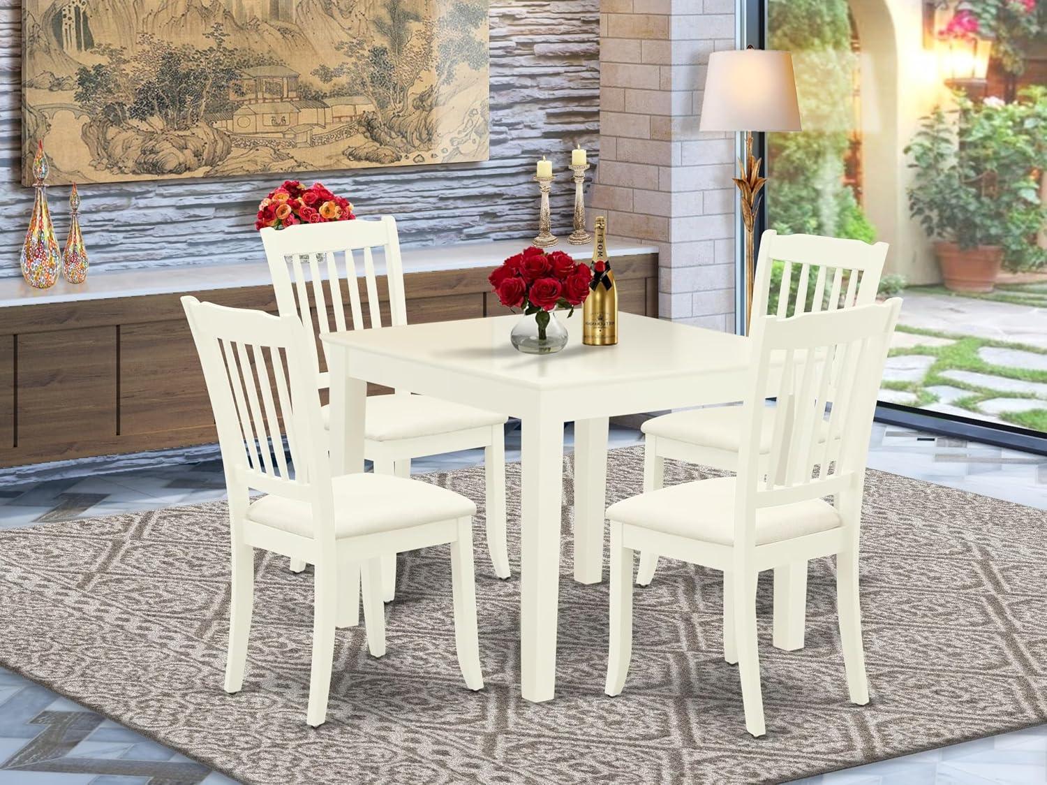 East West Furniture OXDA5-LWH-C 5 Piece Dining Set Includes a Square Solid Wood Table and 4 Linen Fabric Kitchen Room Chairs, 36x36 Inch, Linen White