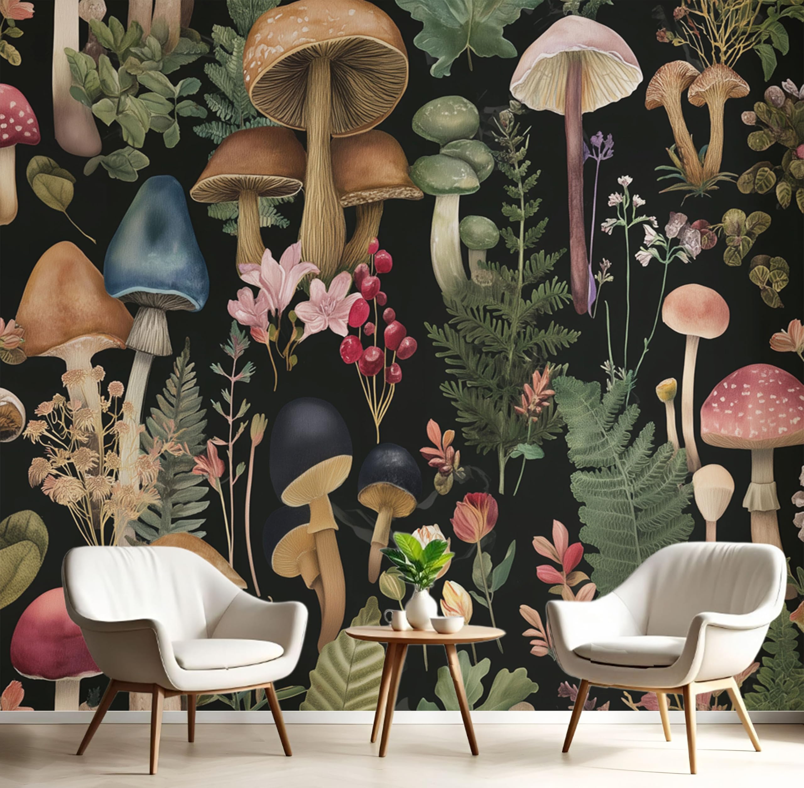 Mural de pared para sala de estar con diseño de bosque de hongos en tonos marrón oscuro