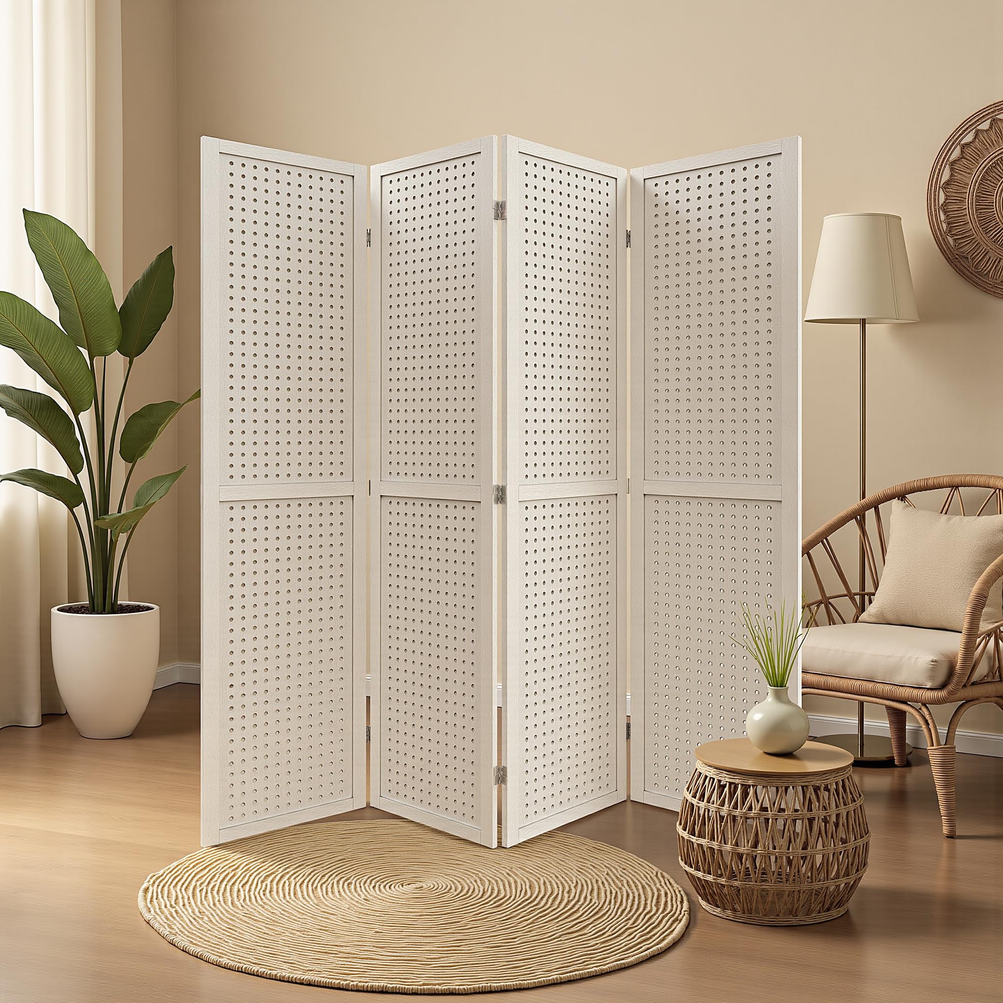 Osparple Room Divider 4 Panel 5.6FT Partition Room Dividers Freestanding Wooden Privacy Screen with Peg Board Display for Apartment and Office, Natural Wood
