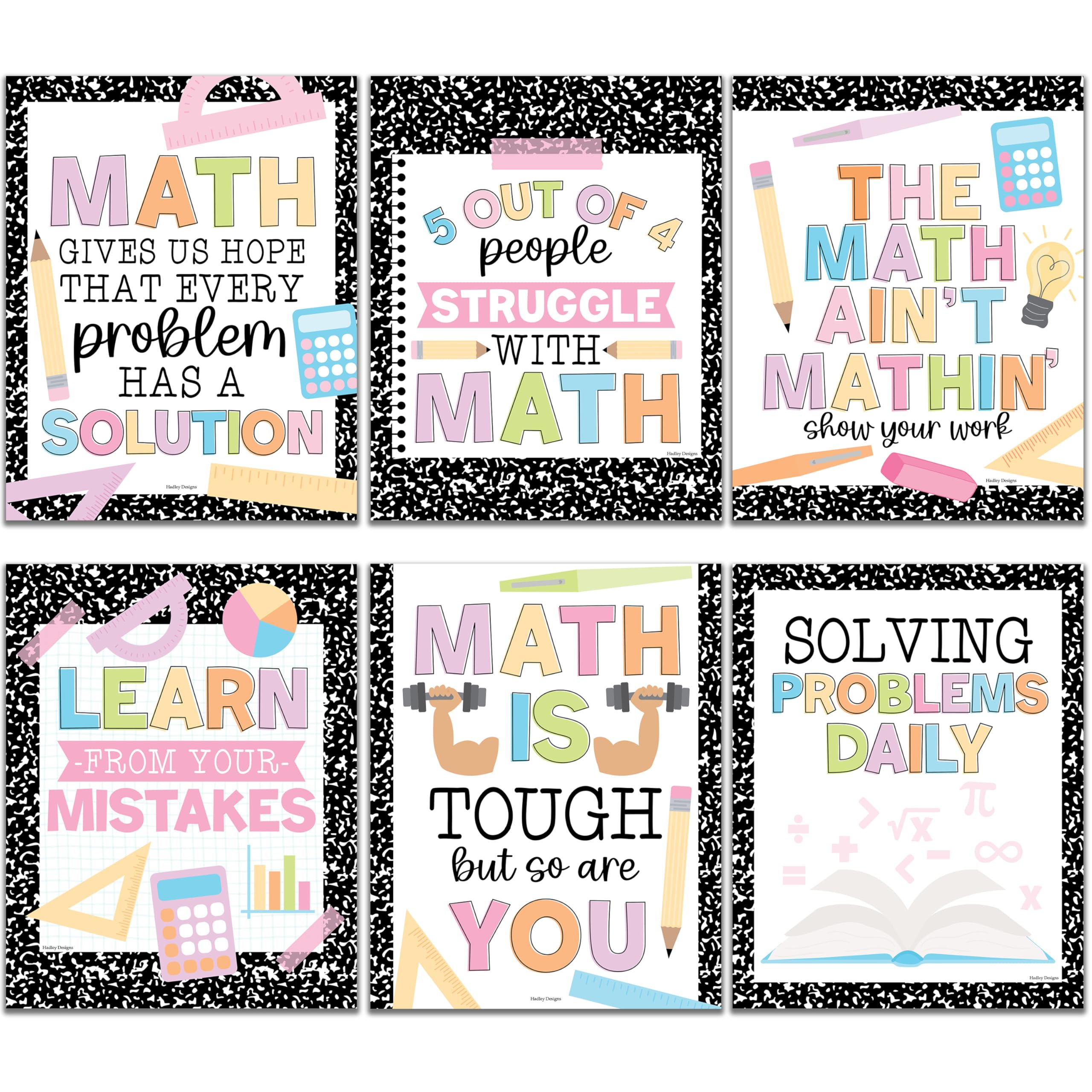 6 Math Posters - Fun & Motivational Math Posters for Elementary, Middle & High School, Teacher Must Haves for Classroom Decor & Bulletin Board Sets, Composition Notebook Classroom Decor