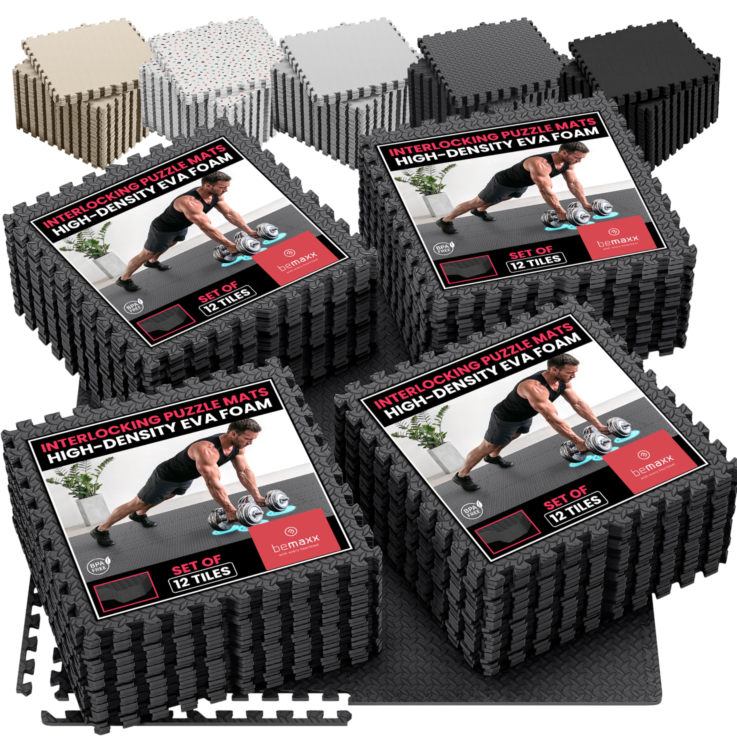 bemaxx Gym Mats Set - 48 pcs EVA Interlocking Foam Floor Tiles (24.4"x24.4"x0.4") 192 sqft Protective Gym Flooring Sports Home Workout Exercise Mats Puzzle Garage Fitness Play-Room Pool Treadmill Bike