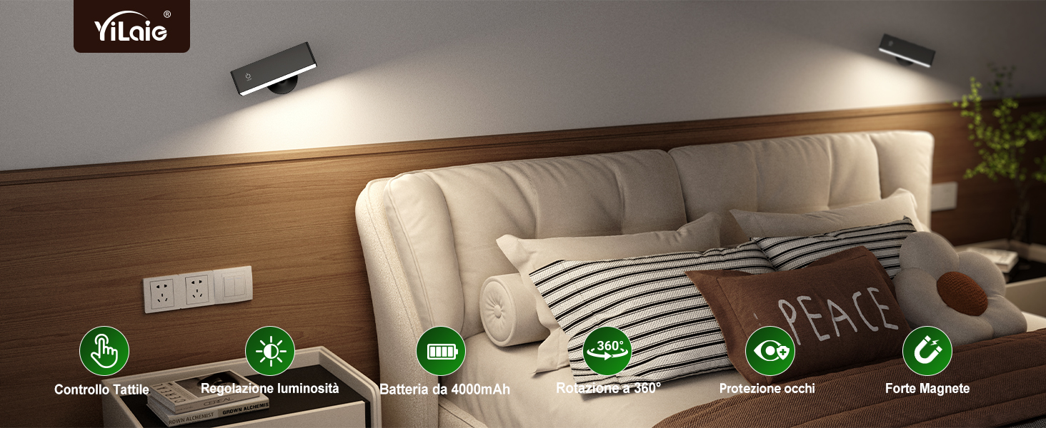 Lampada Da Parete LED Ricaricabile - Applique Magnetica 360&deg;, Touch Dimmerabile, 4000mAh