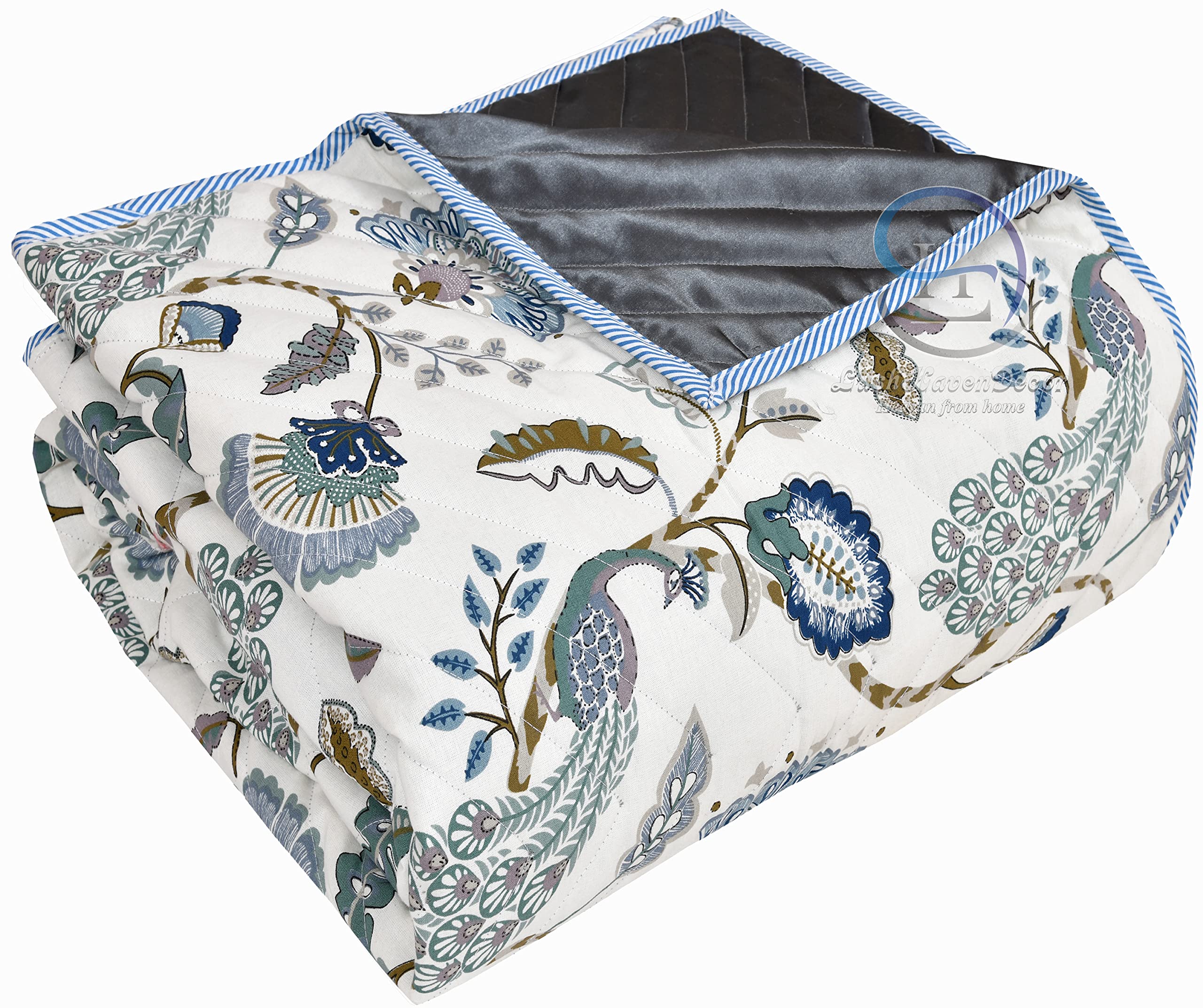 LushHavenDecorRajasthani Single Bed Reversible (Both Side Different) 200 GSM Cotton and Microfiber Jaipuri Razai Flower Print with Border Design dohar Quilt 55x85 Inch Set of 1, Grey