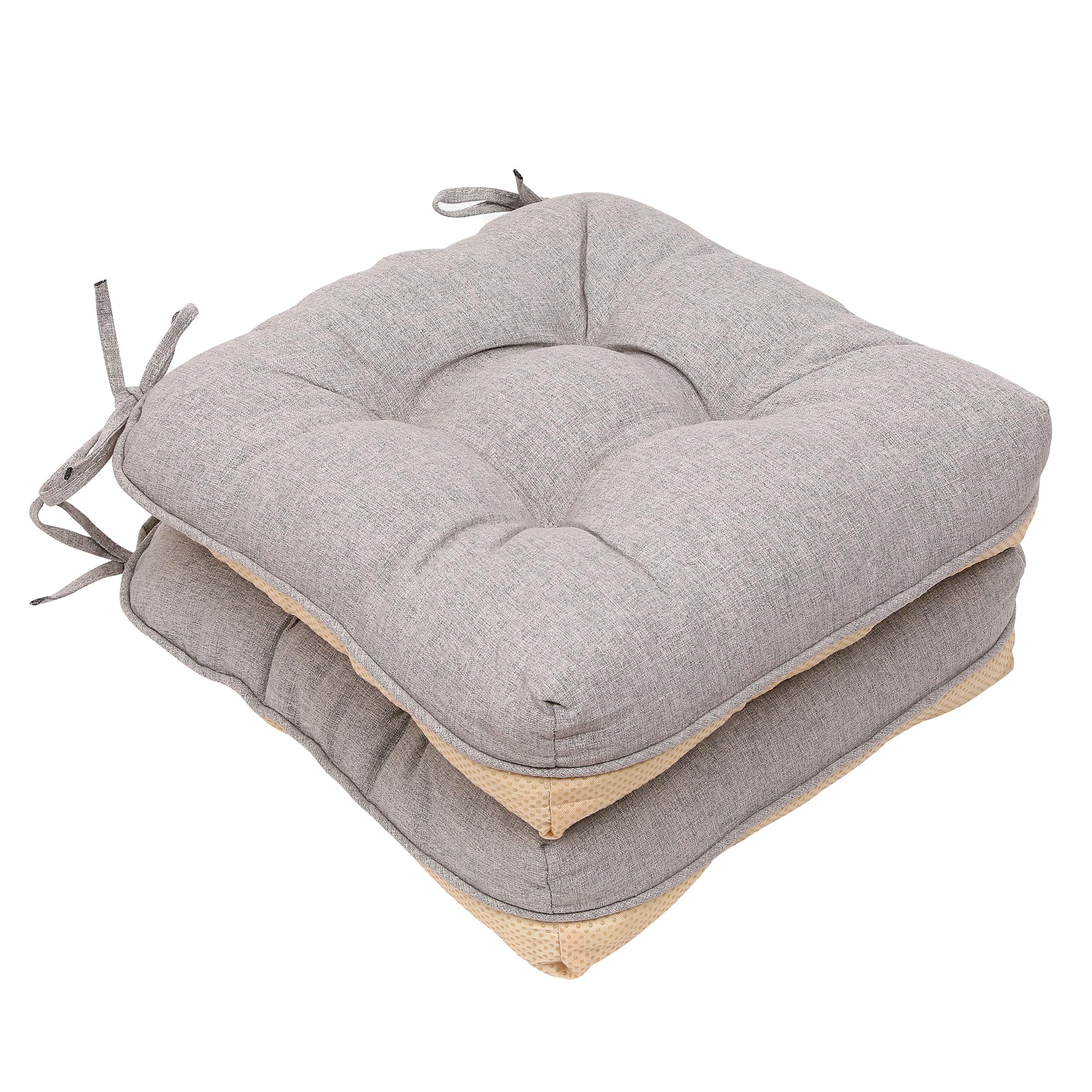 RACE LEAF Khaki Chair Cushions 2 Pack, 15.5" X 15.5" Indoor Seat Cushions, Tufted Memory Foam Dining Room Chair Pads with Ties and Non-Slip Backing