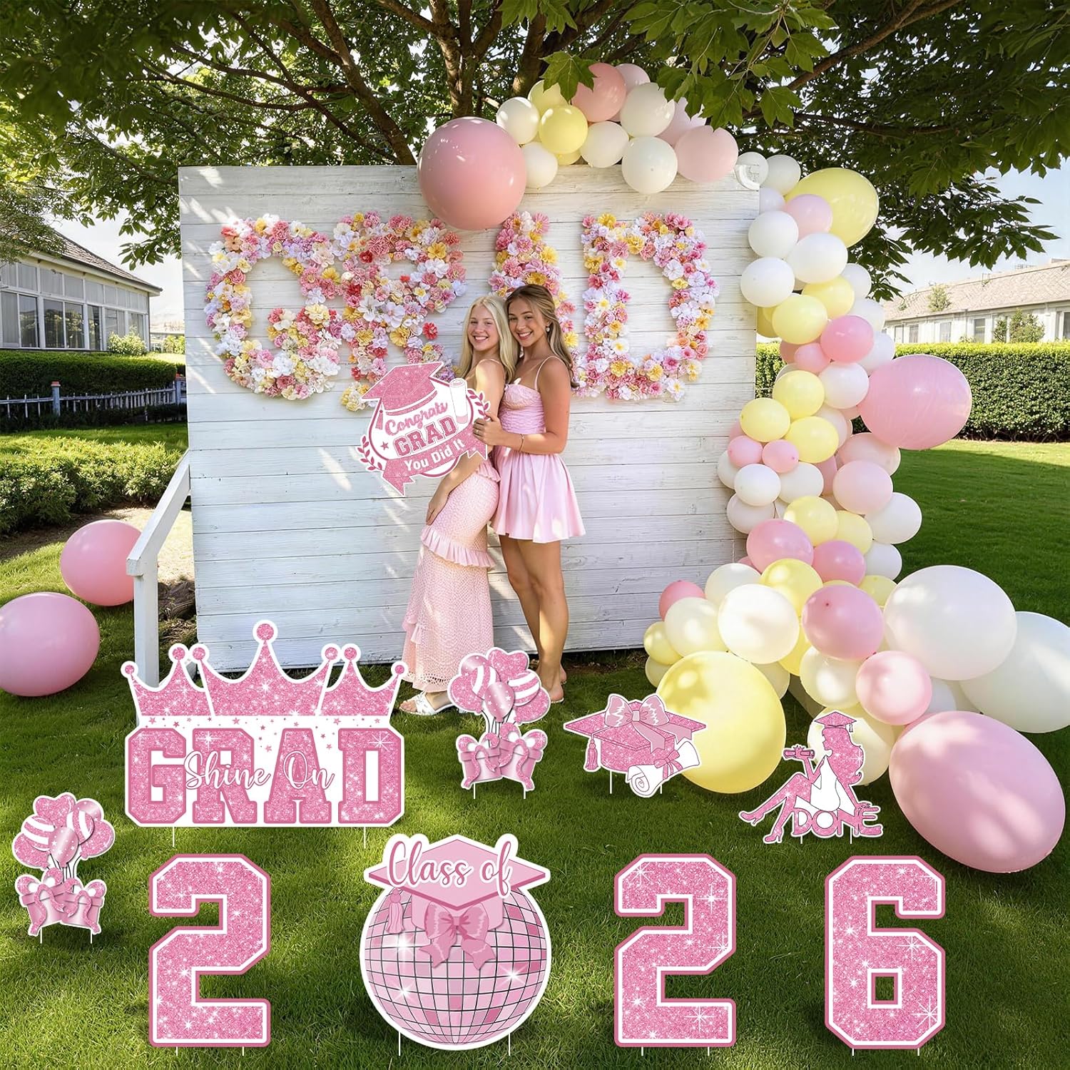 Graduation Yard Sign Class of 2026 Decorations, 10pcs Sparkling Pink Congrats Grad 2026 Lawn Yard Sign with Stakes Grad Yard Sign for High School College Indoor Outdoor Graduation Party Decor Supplies