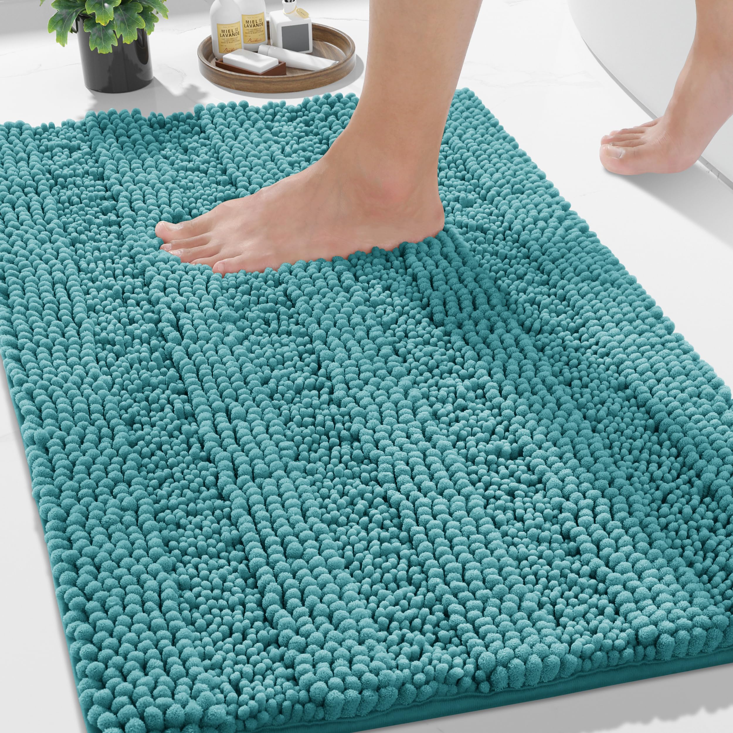 Yimobra Bathroom Rug Mat 24 x 17, Non Slip and Super Absorbent Bath Mat,Machine Washable Quick Dry,Ultra Plush Chenille Shower Rugs for Bathroom Floor Sink Tub and Shower Outside,Teal Blue
