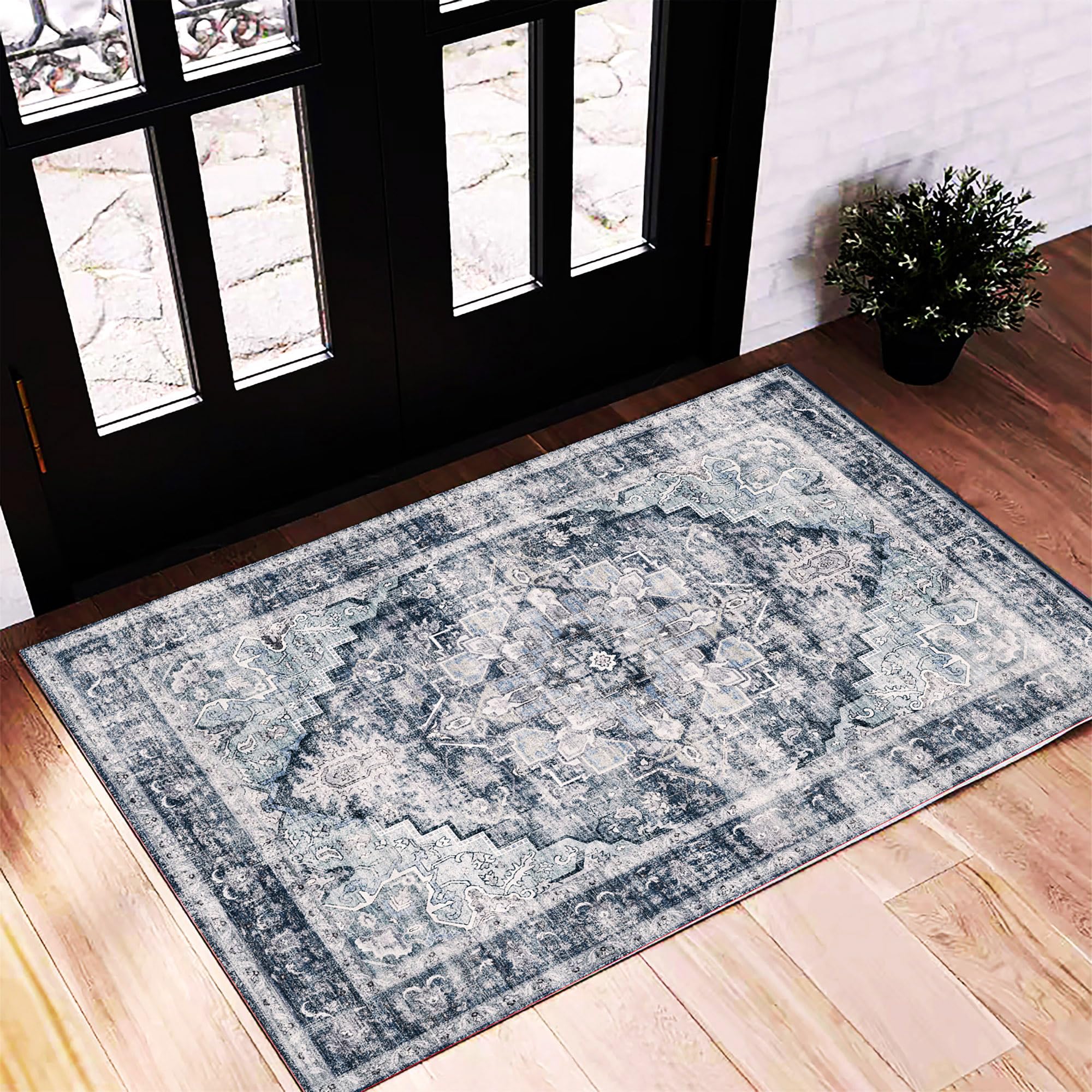 CHAMPLANT 2'x3' Dark Blue Area Rug Washable Door Mat Vintage Distressed Doormat Indoor Entrance Traditional Thin Floral Print Non Slip Mats for Kitchen Bathroom Bedroom Living Room โ image 1