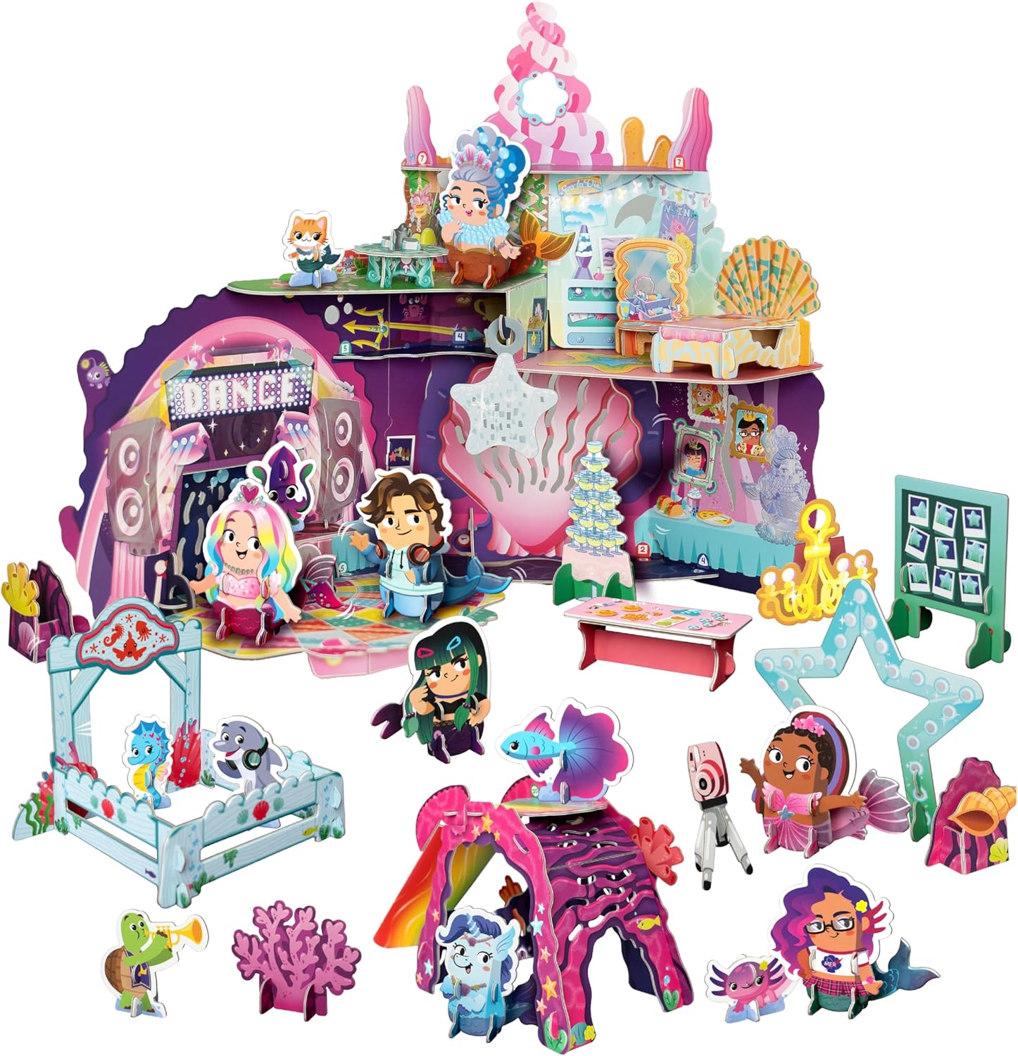 Buildable Mermaid Castle Playset for Girls, Shimmering Fins, Transforming Dance Floor, FSC Certified, Pretend Play Mermaid Toys for Kids Ages 3+ Majestic Mermaids