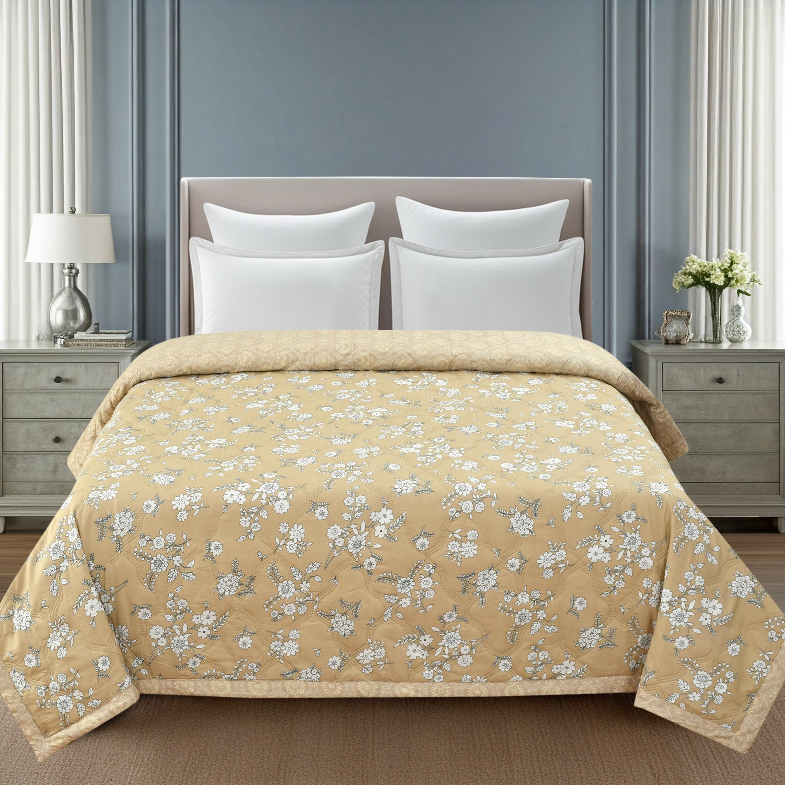 Subtlespreads All-Weather Comforter for Single Bed 150x230 cms | Soft Microfiber AC Blanket/Duvet Ultrasonic Quilting Summer Lightweight, Reversible & Washable (Beige Gold Floral, Single 60x90)-image-23