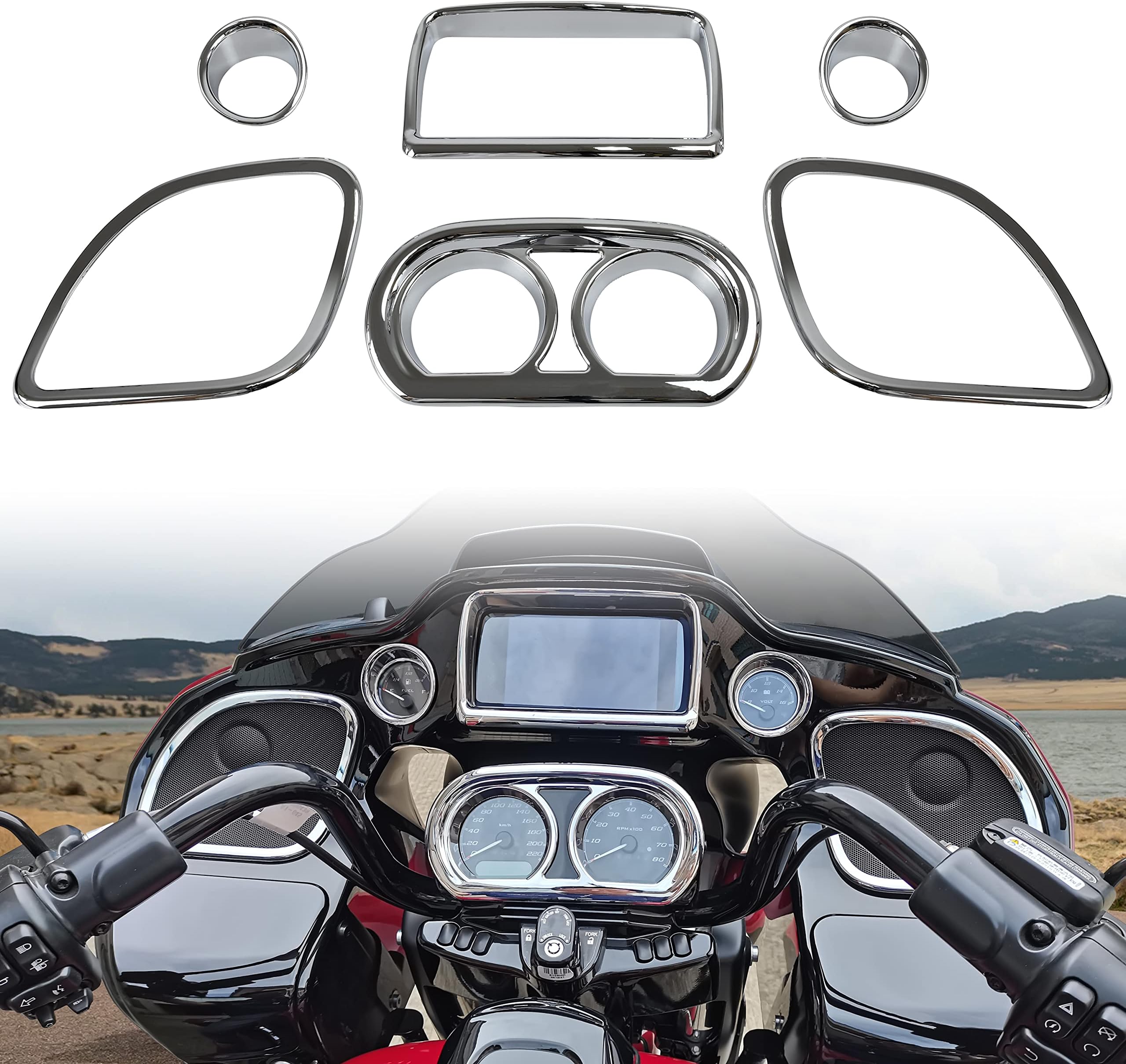 Inner Fairing Trim Kit for 2015-2022 Road Glide, Chrome Speedometer Gauge Covers for Harley CVO Road Glide Limited Special Ultra 2015-2022 Accessories, Replace #61400296