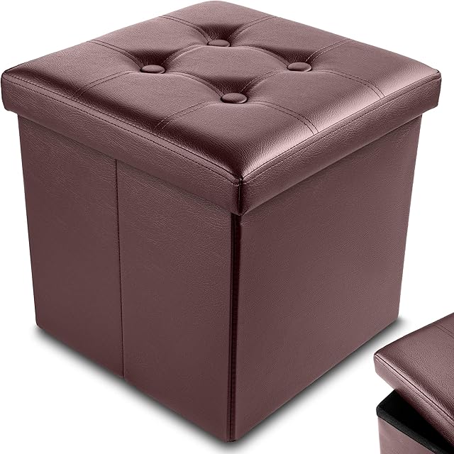 Nyxi Faux Leather 38 * 38 * 38cm Brown Ottoman Foldable Storage Boxes Seat Foot Stool Storage Box with Lids for Kids Toys, Bedroom, Hallway, Living Room