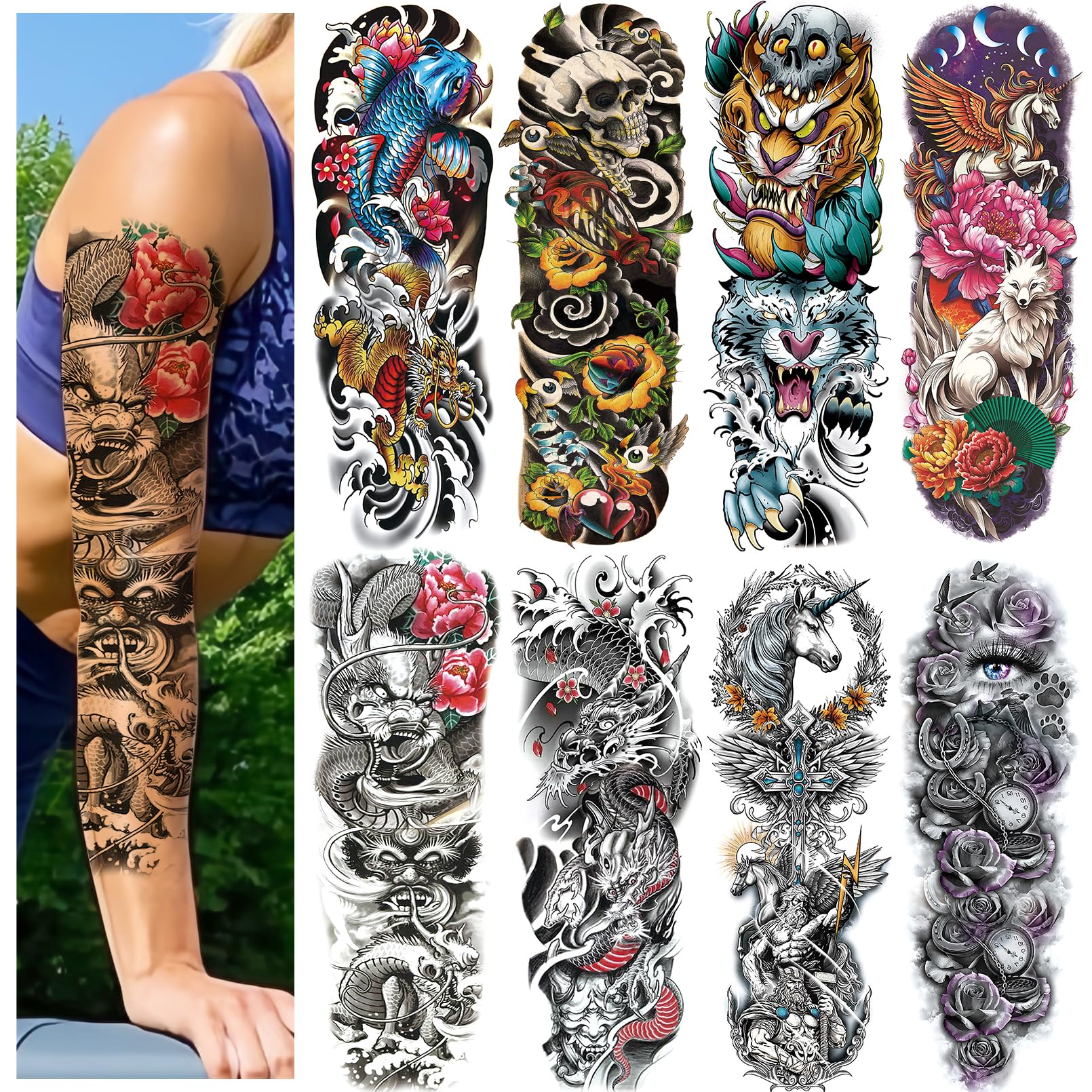 Christmas 8 Sheets Full Arm Temporary Tattoos for Men Adults, Temp Tattoos Sleeve For Women, Waterproof Body Arm Chest Shoulder Flower Tiger Dragon
