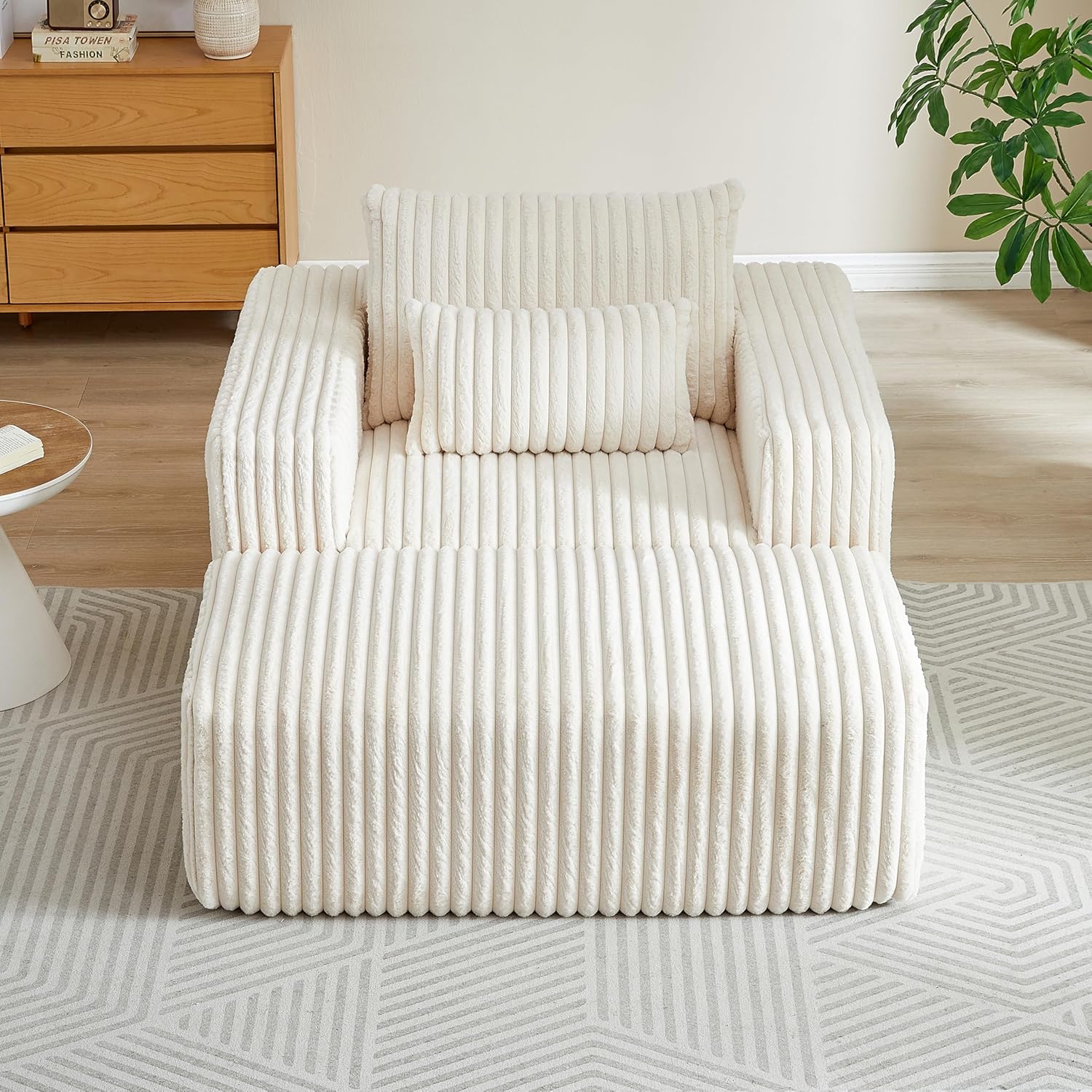 WILLIAMSPACE 48.5" Single Sofa Chair with Moveable Ottoman, Modern Upholstered Foam Armchair with Pillow, Floor Chair for Living Room Deep Seat Reading Sofa for Bedroom, Corduroy, No Assembly (Beige)