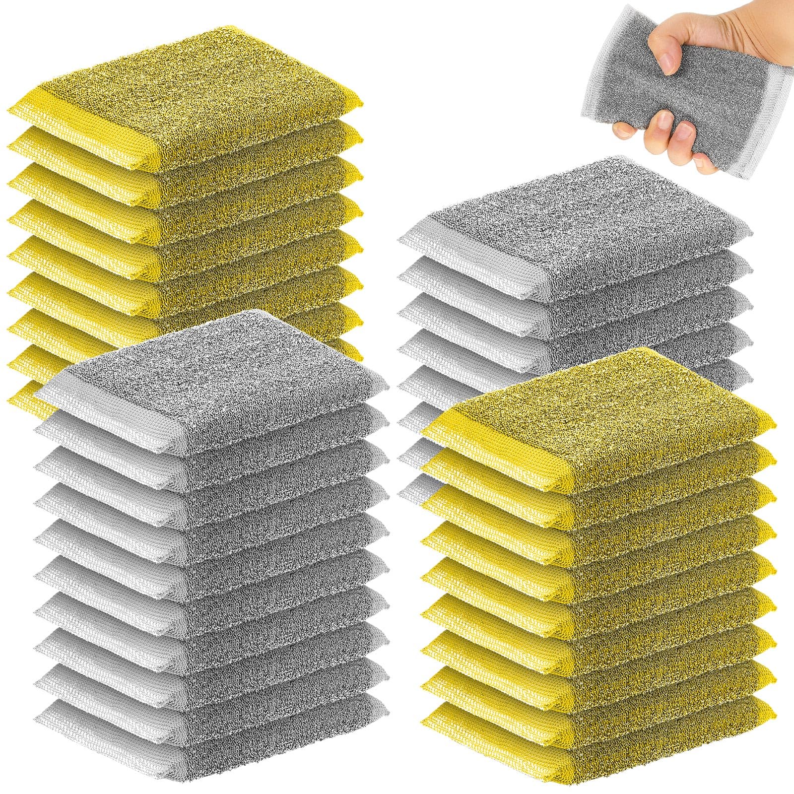 Thyle Confezione da 36 spugne abrasive in acciaio per piatti, antigraffio, multiuso, in metallo, resistenti, per lavare pentole, piatti, pulizia di superfici dure (grigio, giallo)
