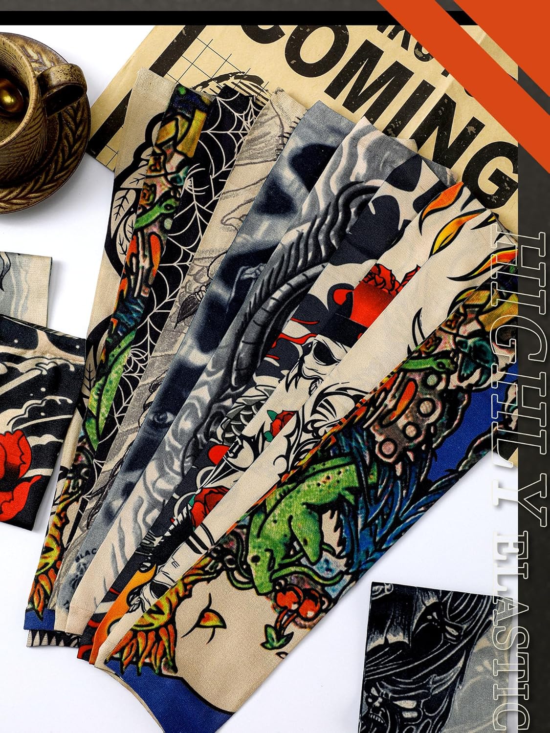 Boao 20 Pcs Men's Cooling Arm Sleeves Long Fingerless Arm Cover Anti Slip UV Protection Sun Temporary Tattoo Sleeves