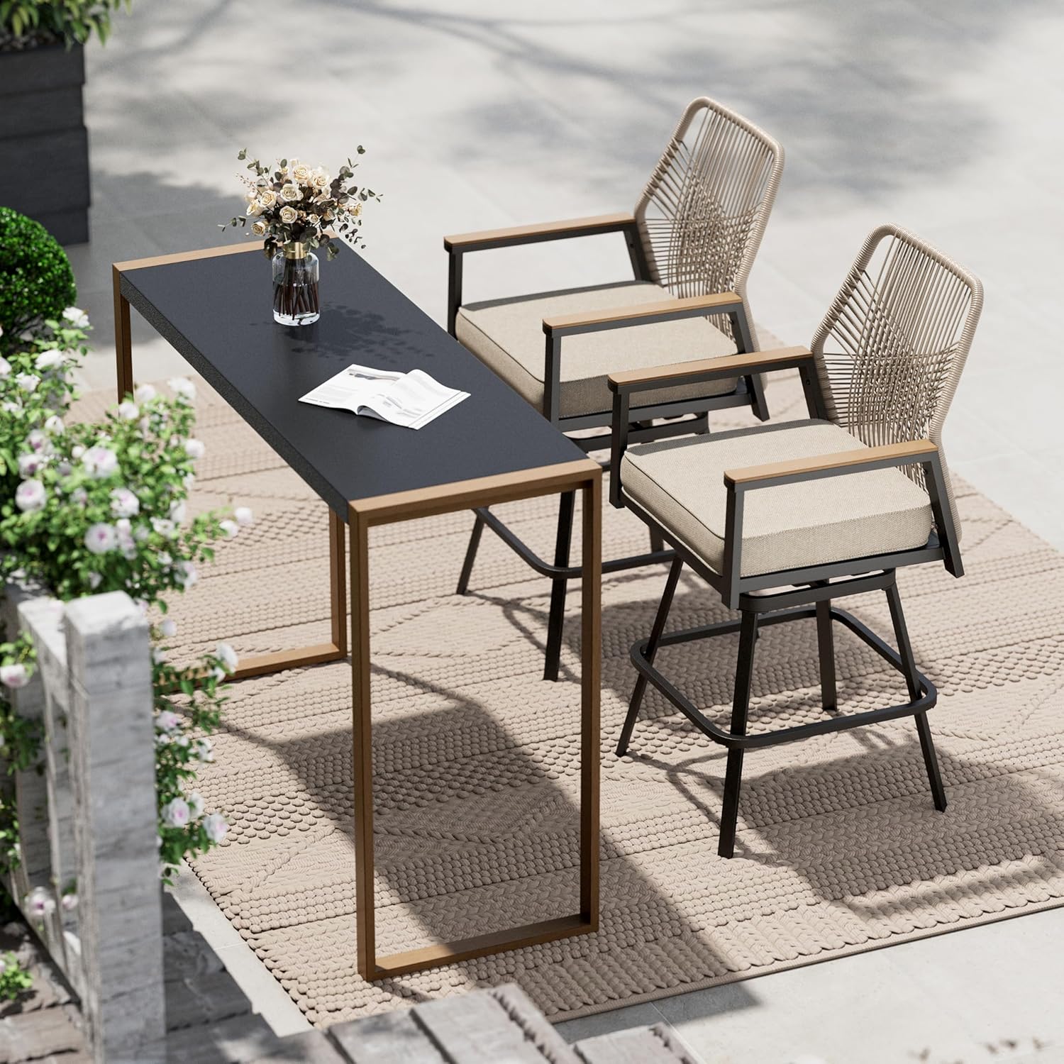 HERA'S HOUSE Outdoor Swivel Bar Stools Set of 2, High Top Patio Chairs with All Weather Cushion Pro Fabric, Bistro Set for Backyard, Lawn Garden, Balcony,Poolside