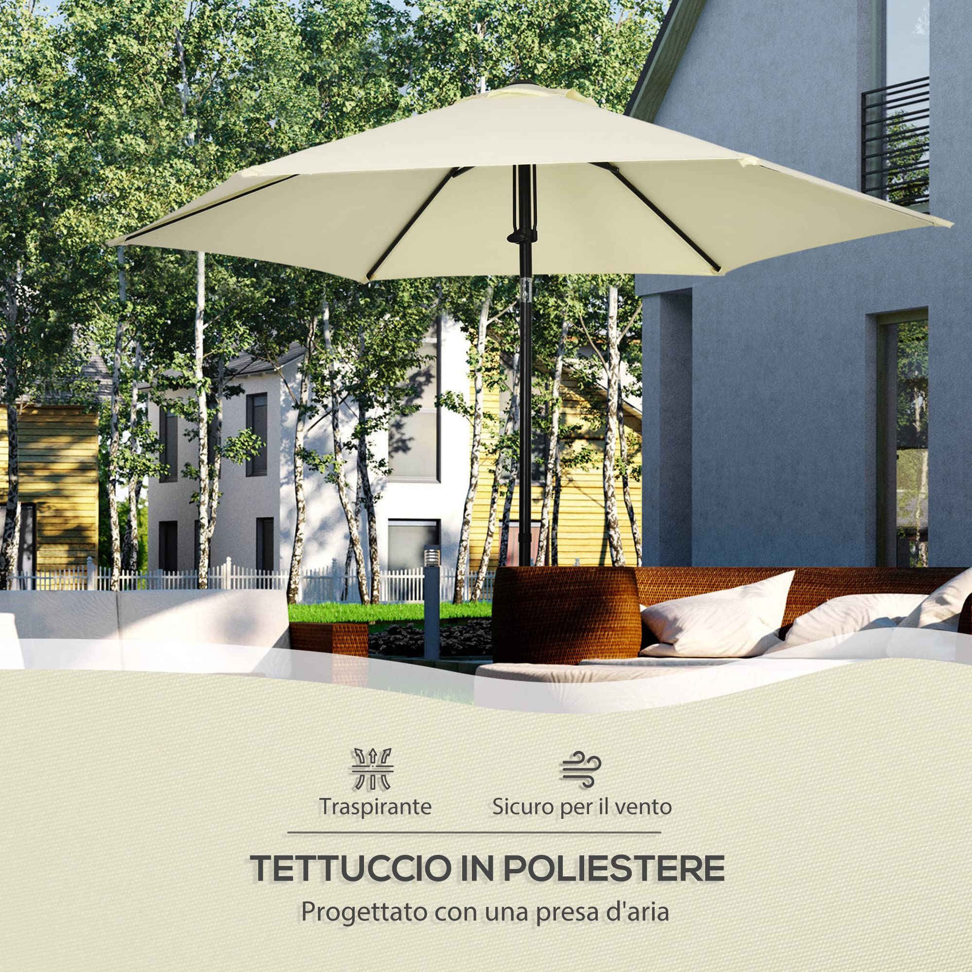 Outsunny Ombrellone da Giardino con Tettuccio 45° 2.7x2.5 m Beige e Nero | Poliestere e Metallo, 6 Stecche