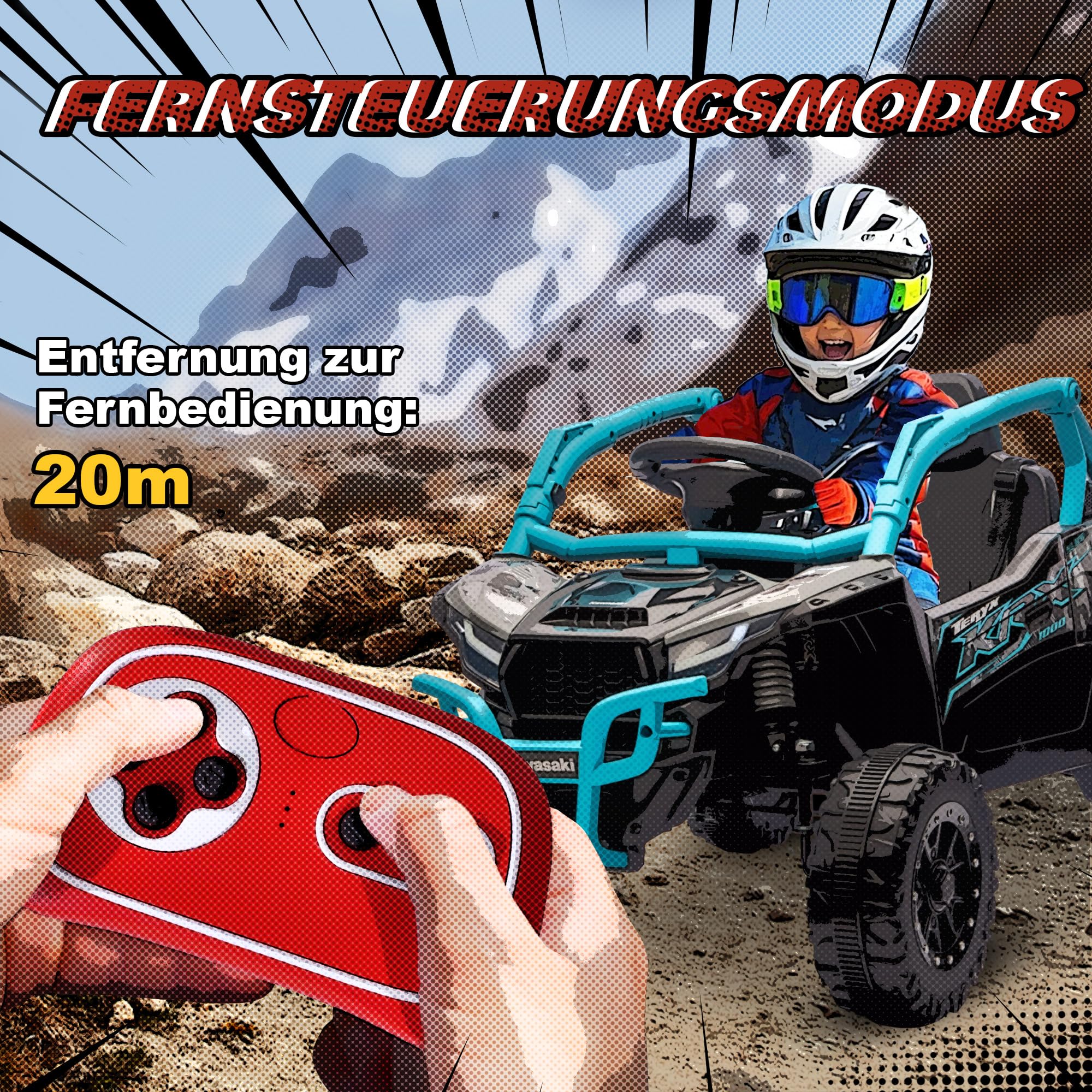 AIYAPLAY Samochód elektryczny dla dzieci, 12 V, Kawasaki, UTV, 3-8 lat, niebieski | 2 silniki, pilot zdalnego sterowania 2,4 GHz, system zawieszenia, światła LED, muzyka, klakson, pojazd elektryczny